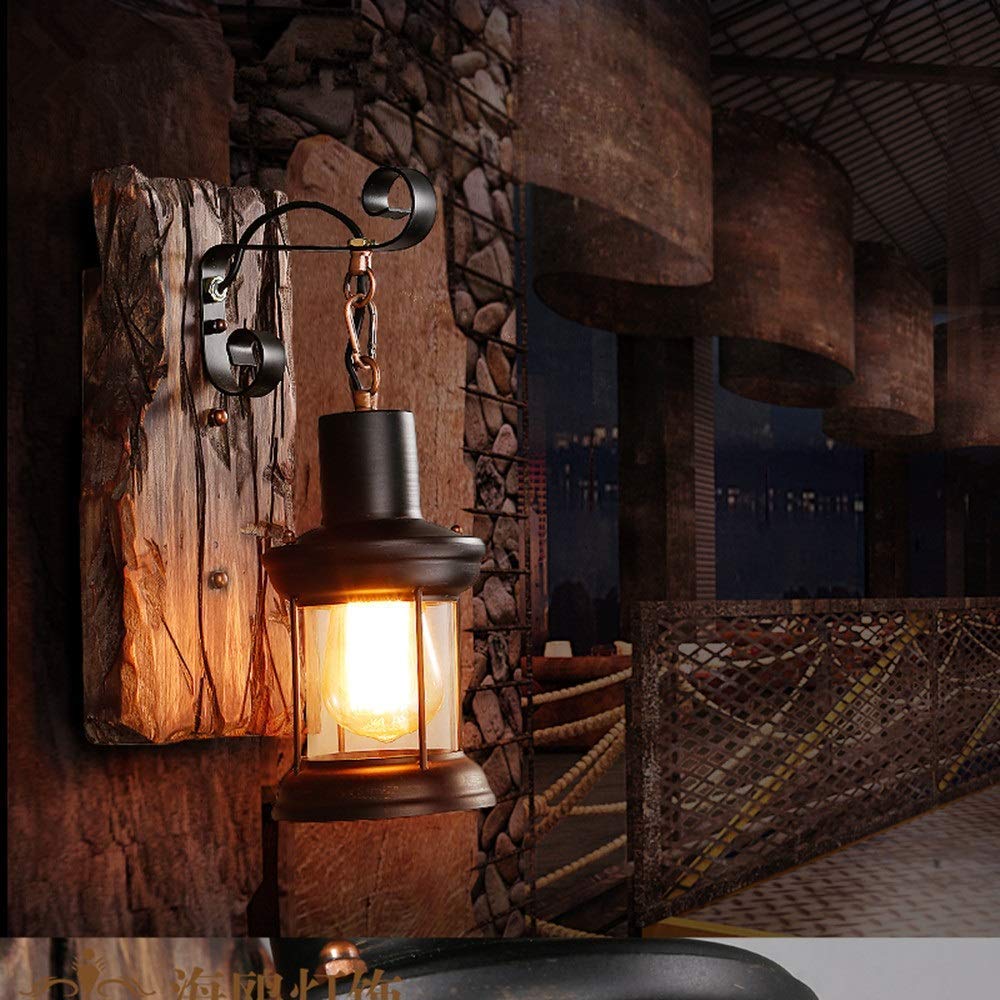 Antik Vintage Industrielle Style Holz Wandleuchte Rustikal Holz Wohnzimmer Wandlampe Metall Glas E27-Fassung Wandbeleuchtung Nachttisch Wandlampe Für Restaurant, Gang,Korridor,Bar,Cafe,1*E27