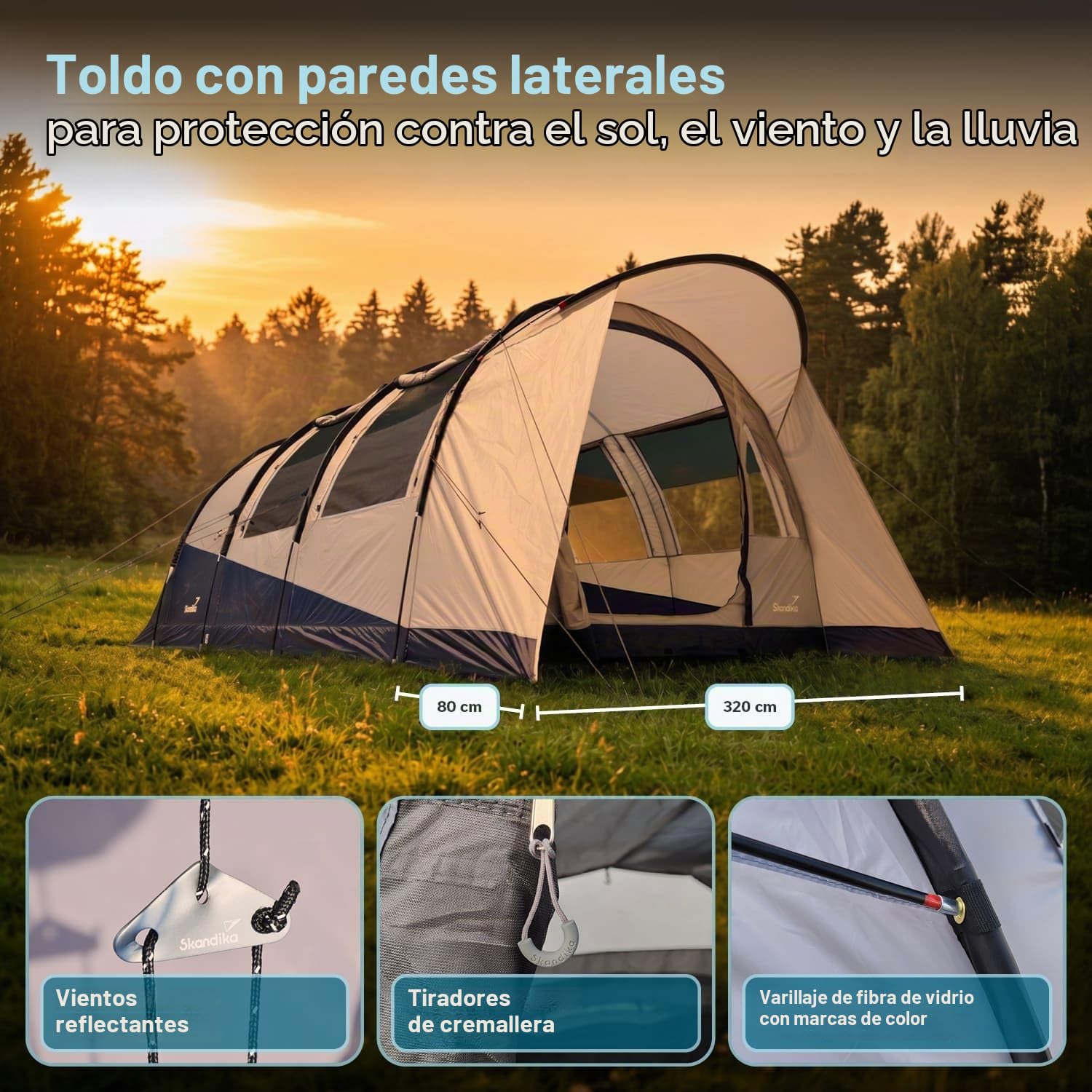Skandika Tienda de campaña túnel Isken 3/5 | Mosquitera en la Puerta de Entrada, en Las Ventanas y en la Puerta de la Cabina - Suelo Cosido
