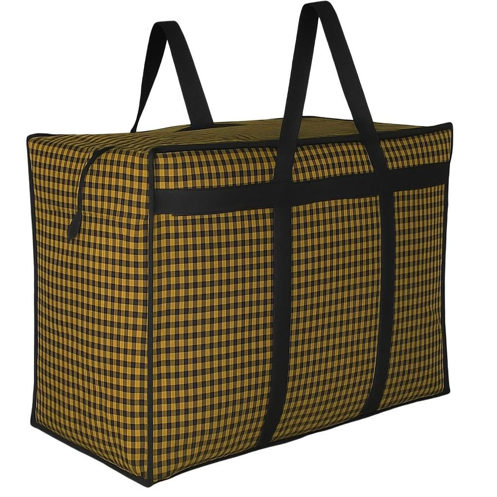 Multipurpose Extra Large Big Heavy Duty Storage Organizer Reusable Canvas Shopper Bag with Strong Handles and Base with Covers Zip (Pack of 1, Yellow check)-image-15