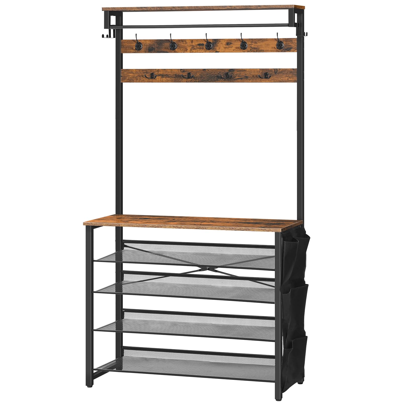 HOOBRO Coat Stand, Coat Rack with Shoe Storage, Hall Tree with Tiltable Mesh Shelves, 4 Removable Hooks, Side Storage Pocket, Shoe and Coat Rack for Hallway, Living Room, Rustic Brown EBF76MT01