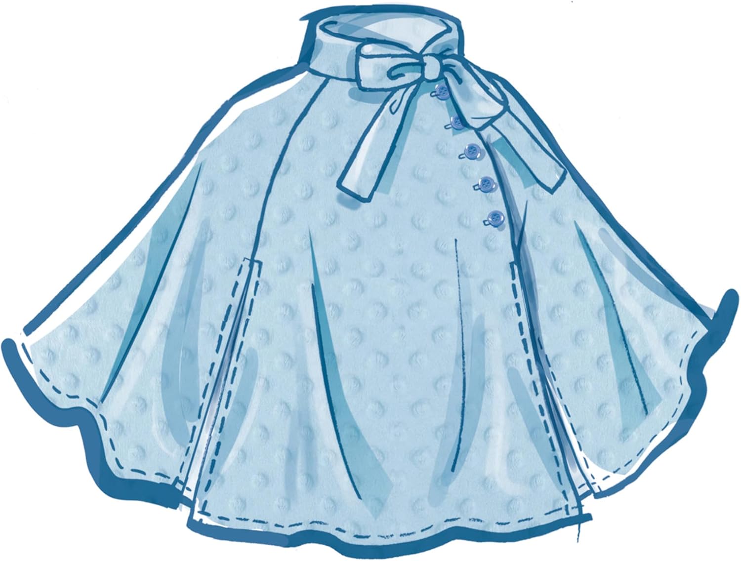 Illustration of View A cape, light blue with polka dots, featuring a tie neck and side button closure.