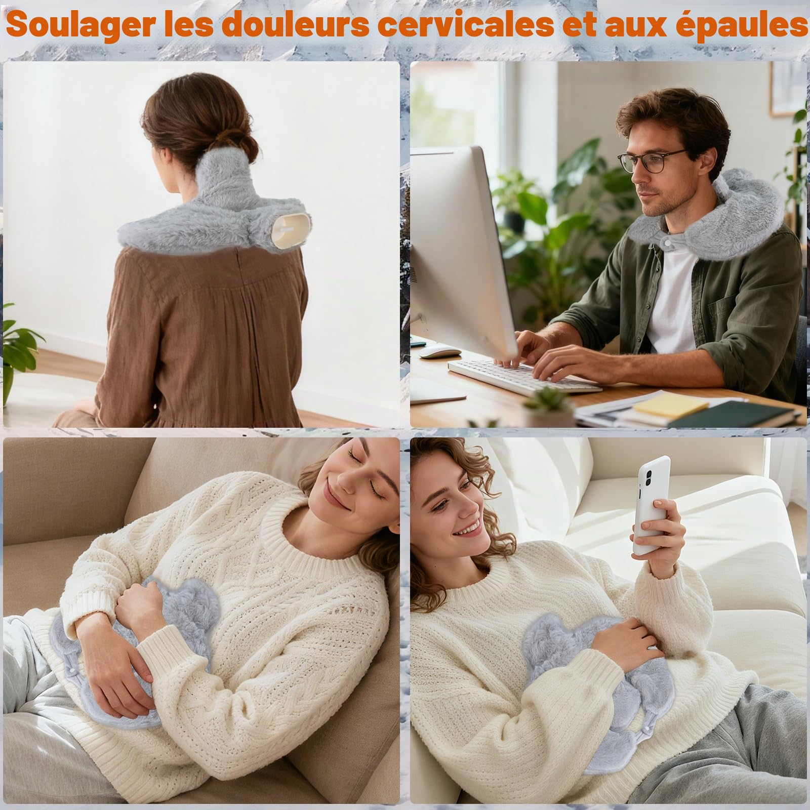 LURICO Bouillotte en Forme de U, Sac à Eau Chaude de Noël, Bouillotte de 1 L avec Housse en Polaire Amovible, PVC Sac à Eau Chaude pour Douleurs au Cou, au Dos et Aux épaules, Cadeau d'hiver (Gris)