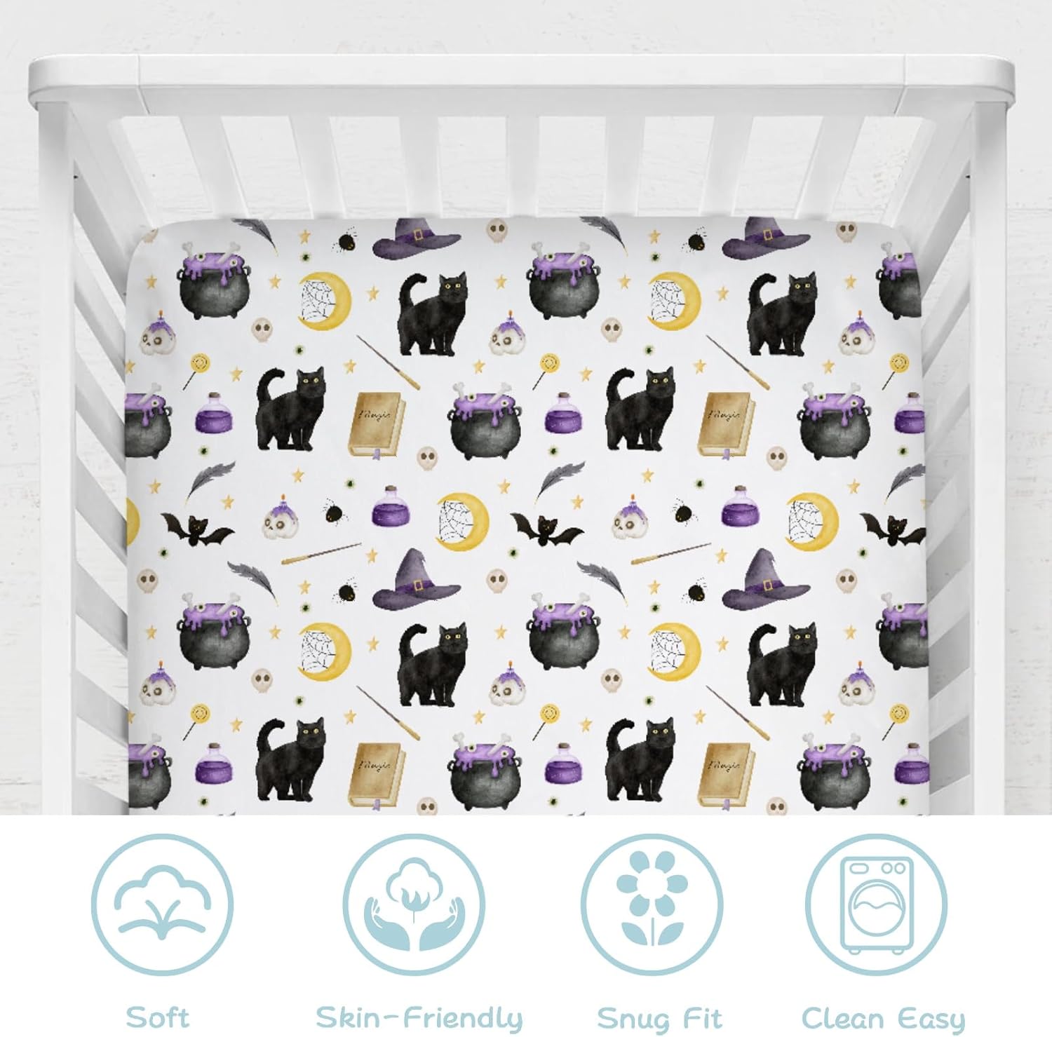 Cute Spooky Witch Cats Bats Skulls Moon Baby Crib Sheet 52''x28'' Happy Halloween Holiday Stretchy Fitted Crib Mattress Cover for Boy Girl Soft Baby Bed Sheets for Standard Crib and Toddler Mattress