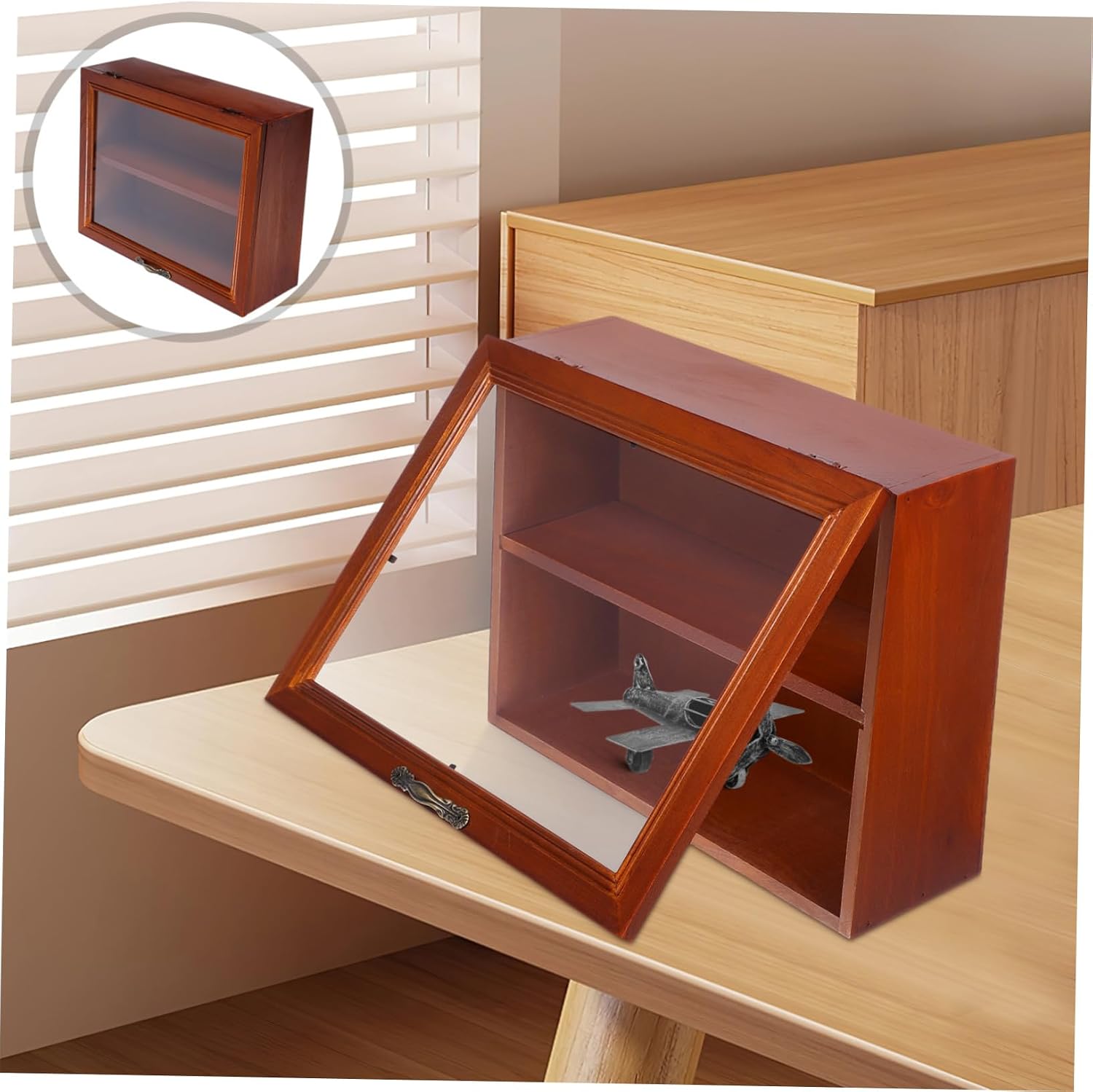 Garneck Solid Wood Flip Storage Cabinet Desktop Display Stand Wood Figures Stand Collection Organizer Holder