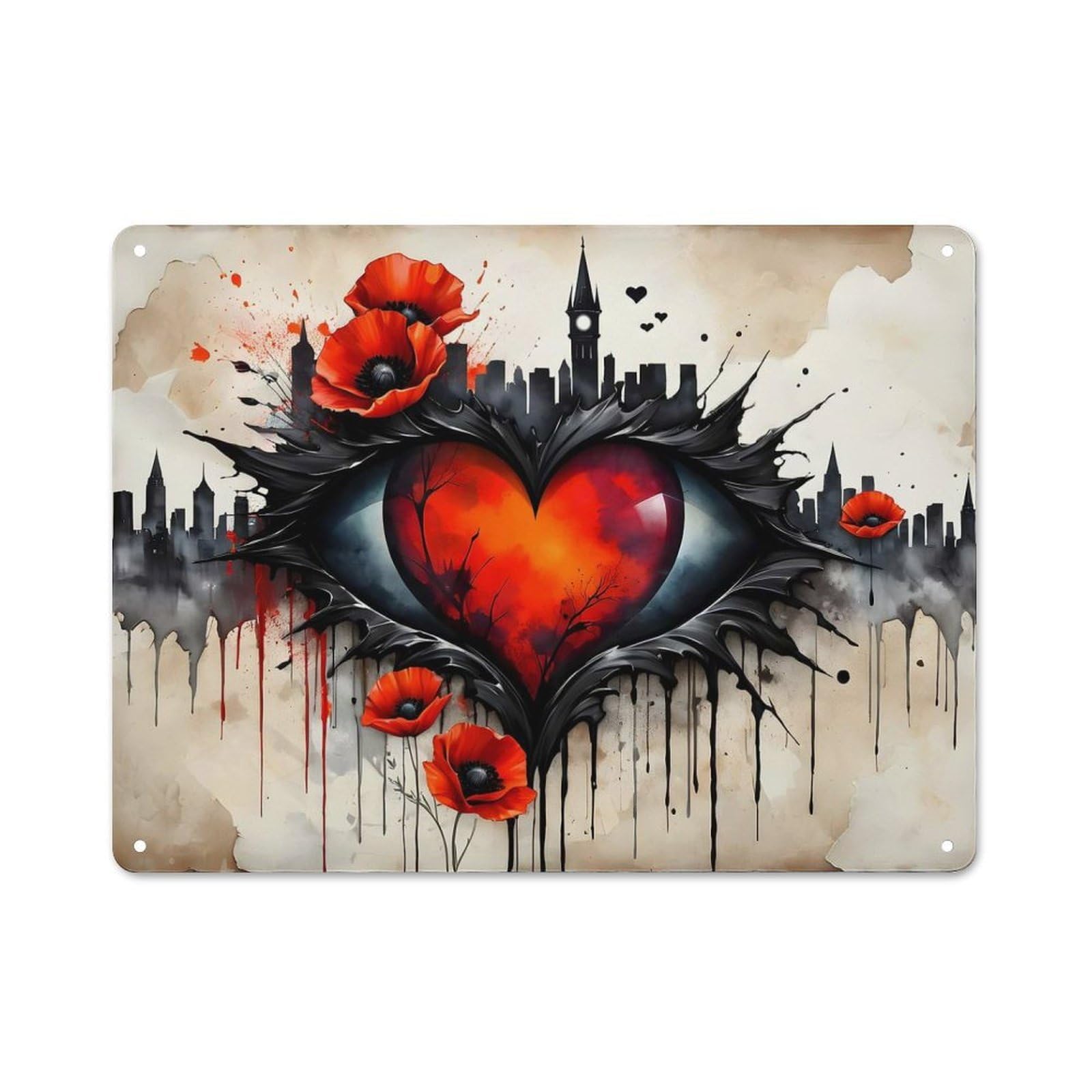 Junmoney Style-13 Old Style Red Heart Eye Cityscape Decorative Tin Plaque 30X40cm, Bar Wall Plaque For Bar, Kitchen, Garage Or Games Room