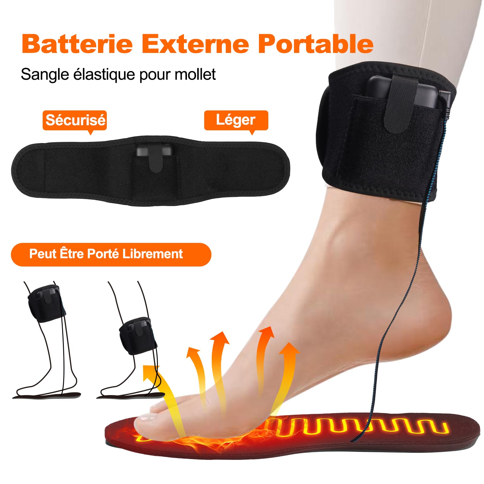 Semelles Chauffantes Rechargeables Batterie Externe 4 Niveaux de Température Chauffe-Pieds, Taille à Découper : 36-47, Lavable