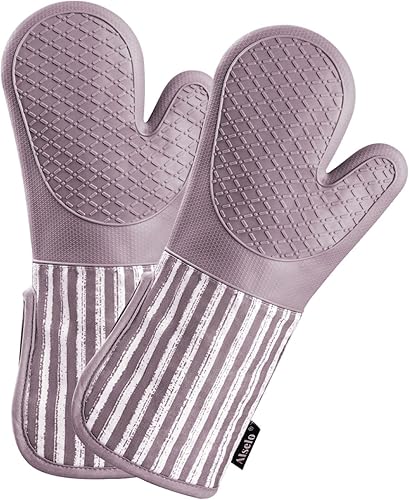 Guantes de horno de silicona resistentes al calor 932 con impermeables y antideslizamiento, juego de 2 guantes de horno extra largos con forro de