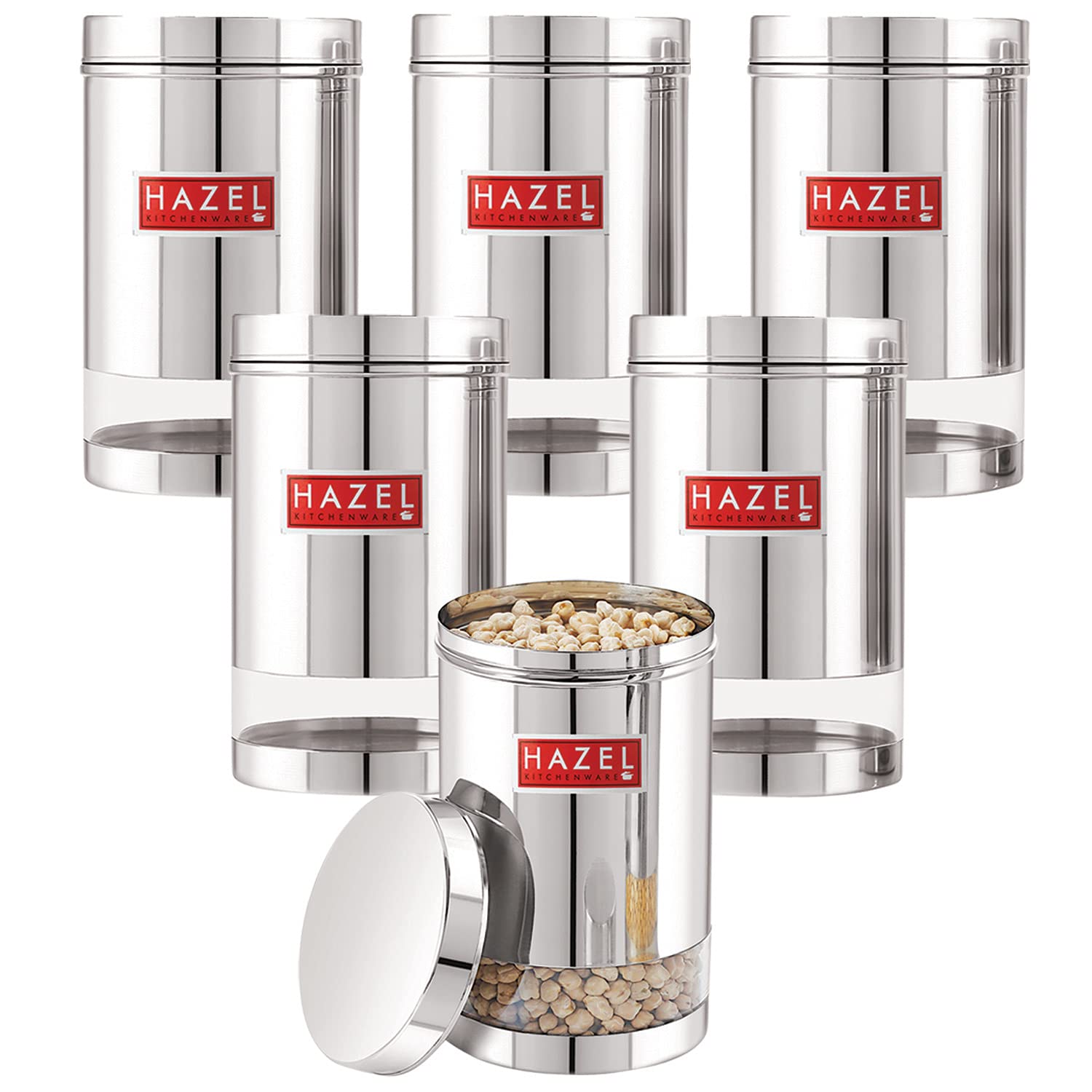 HAZEL Stainless Steel Transparent Glossy Finish See Through Container, 1700 ml, Set of 6