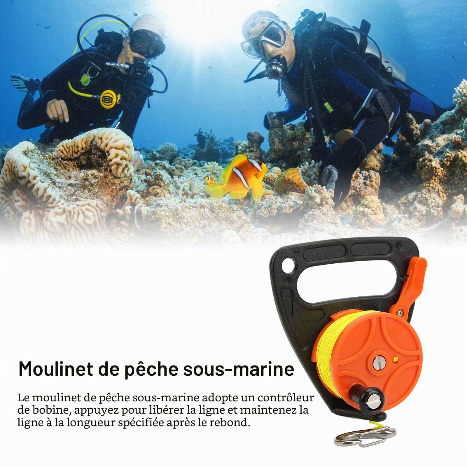 BuyWeek Moulinet de Plongée avec 46m Ligne, Moulinet de Plongée Sous Marine avec Bouchon de Pouce Crochets, Moulinet de Pêche pour Plongée en Apnée, Sports Nautiques Sous Marins (Orange)