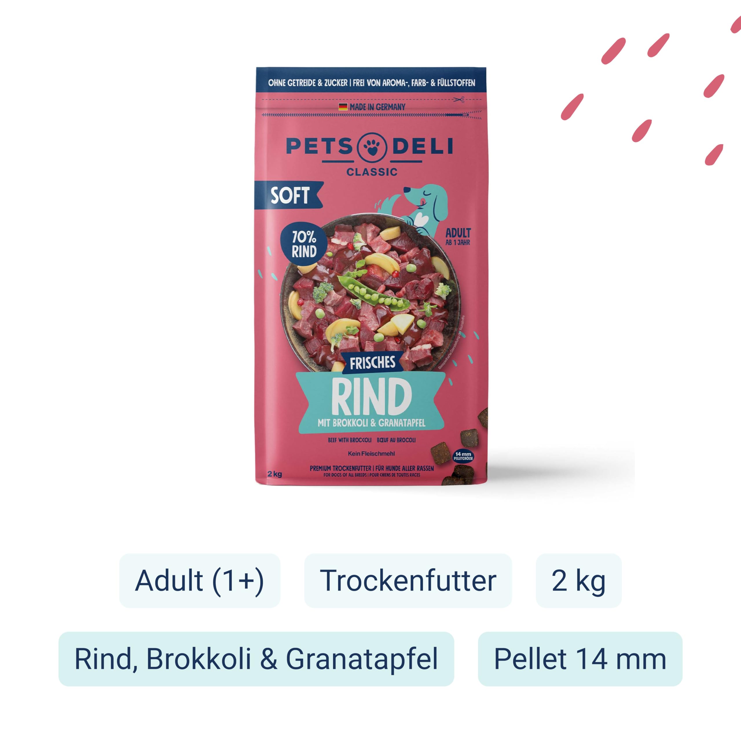 Pets Deli Classic Soft Hunde Soft-Trockenfutter Rind & Brokkoli, weich & leicht zu kauen, getreidefrei, ohne Zucker, 2kg, Premium Qualität