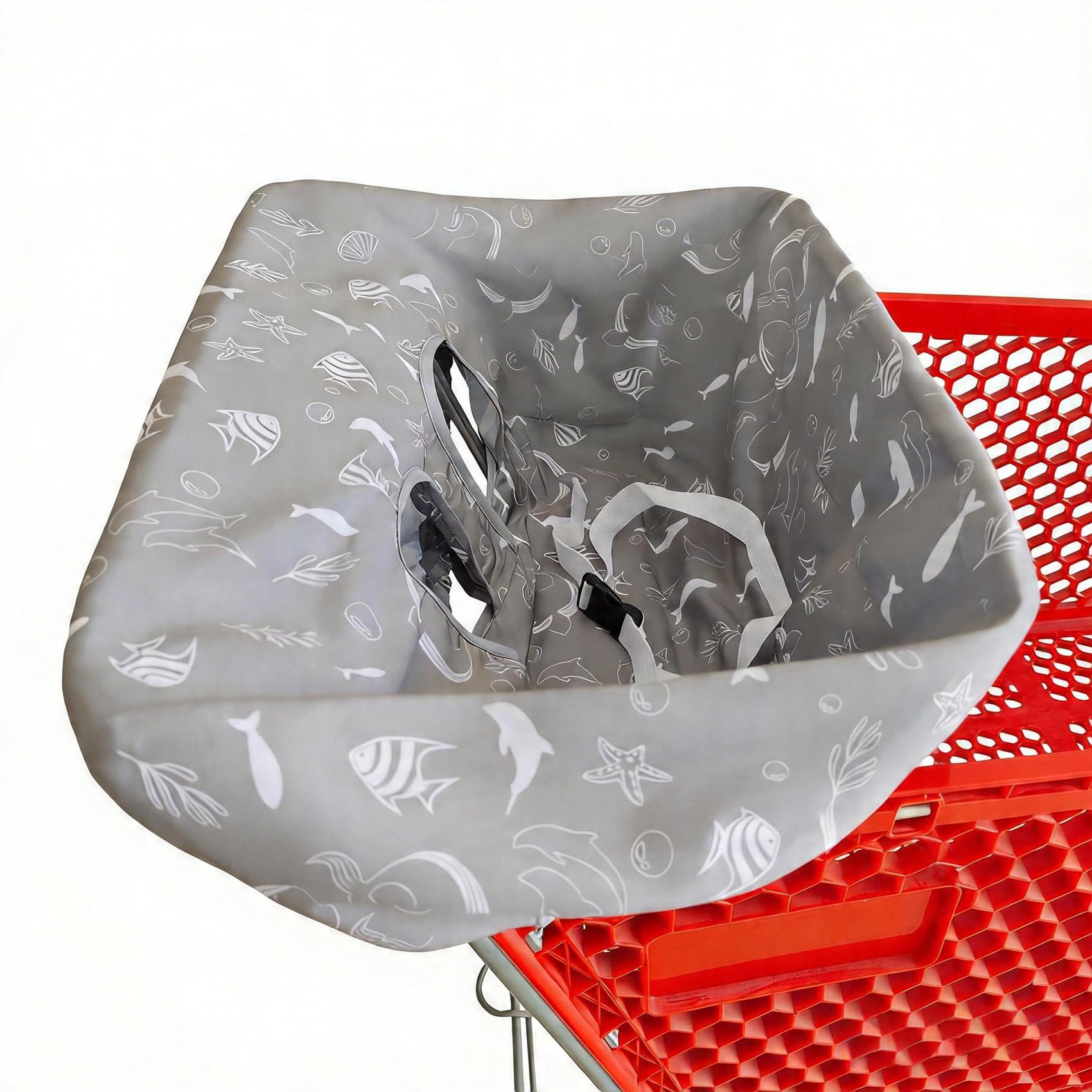 Funda portátil para carrito de la compra, fundas para silla alta y carrito de comestibles para bebés, niños, bebés y niños pequeños, incluye bolsa de transporte gratis (mundo marino gris)