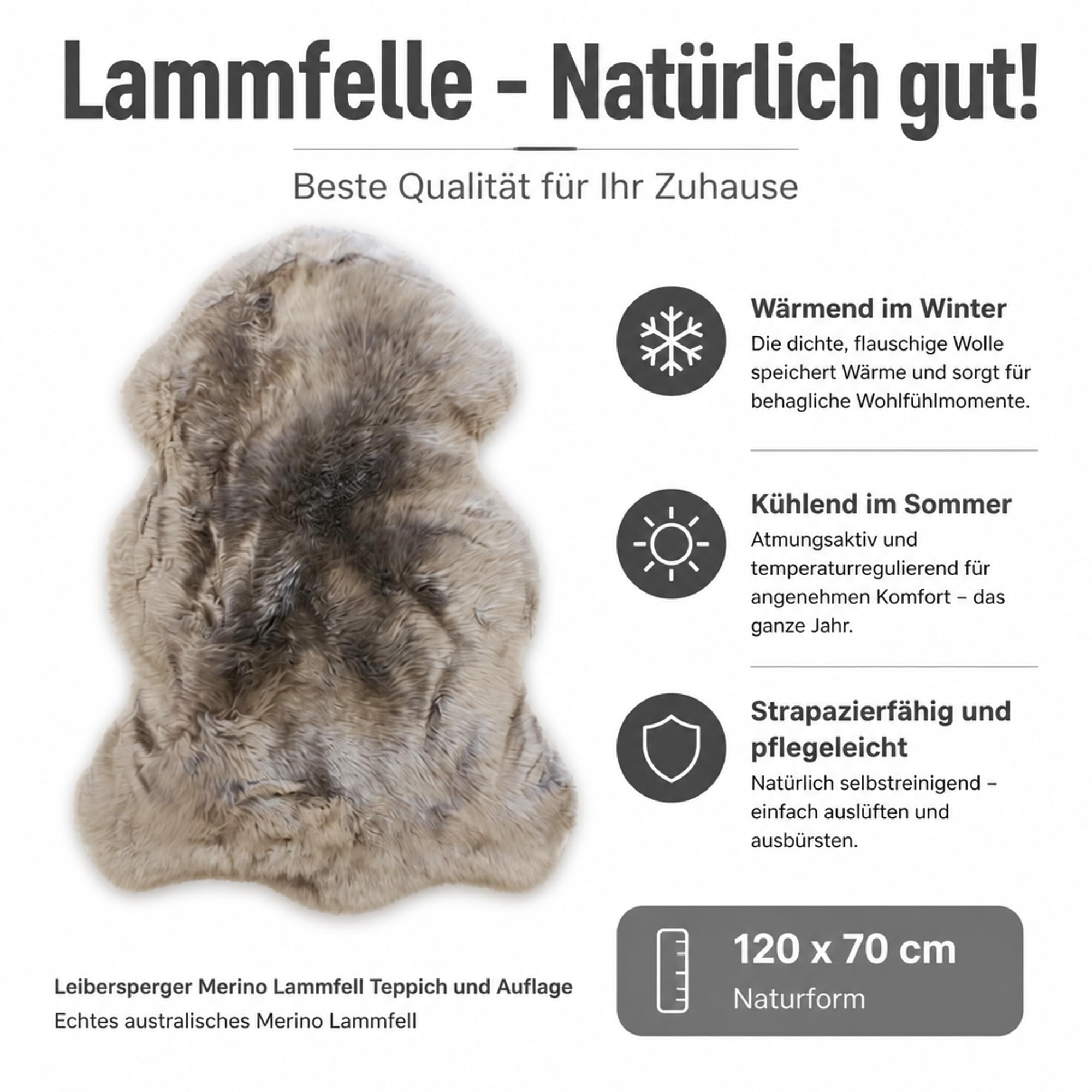 Merino Lammfell Teppich und Auflage, Naturform, 120 x 70 cm (Hellgrau)