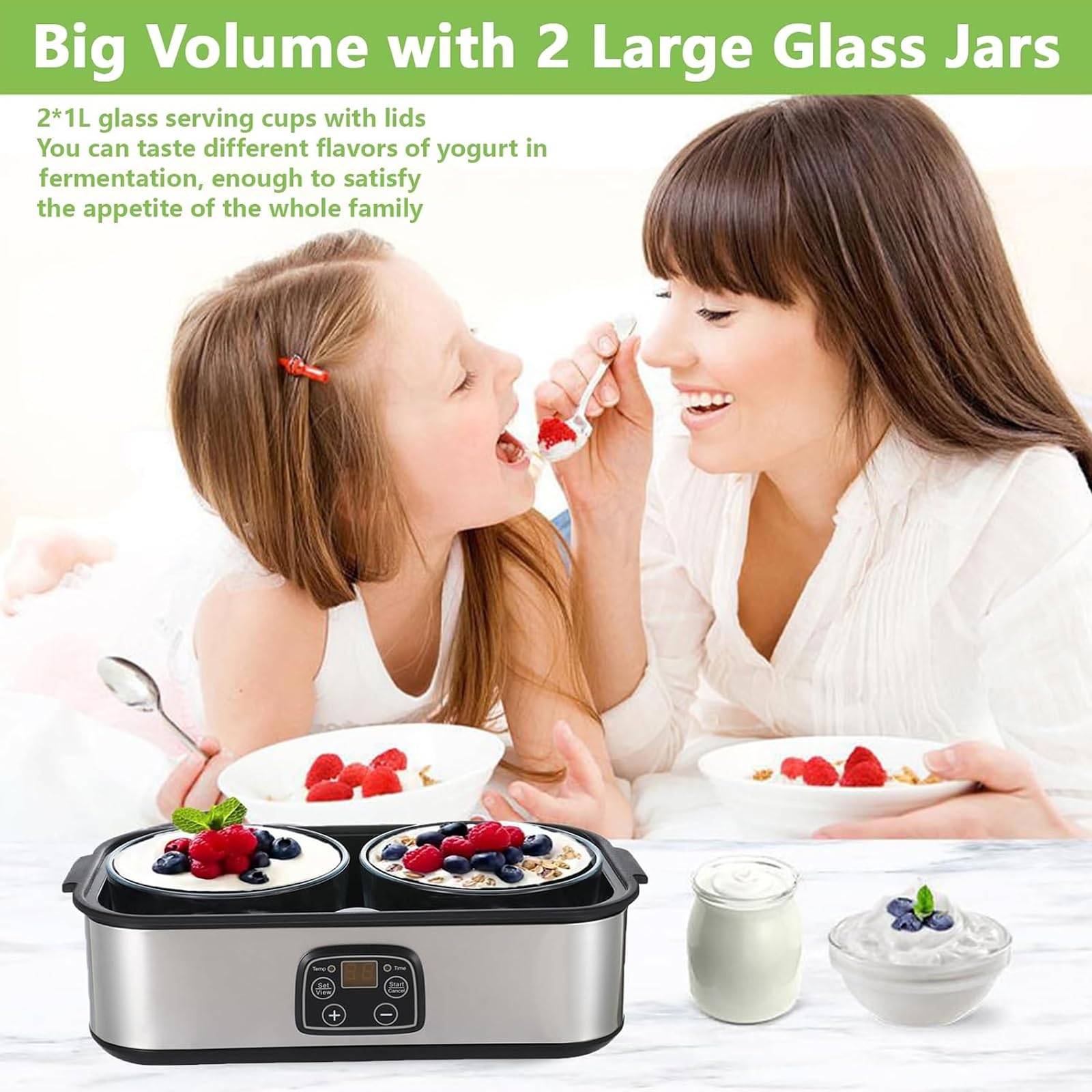 Yogurtera Automática De 2000 Ml - Yogurtera Eléctrica Con 2 Tarros De Vidrio, Temperatura Ajustable Y Temporizador De 48 Horas, Pantalla Led, Fabricada En Acero Inoxidable Para Uso Doméstico.