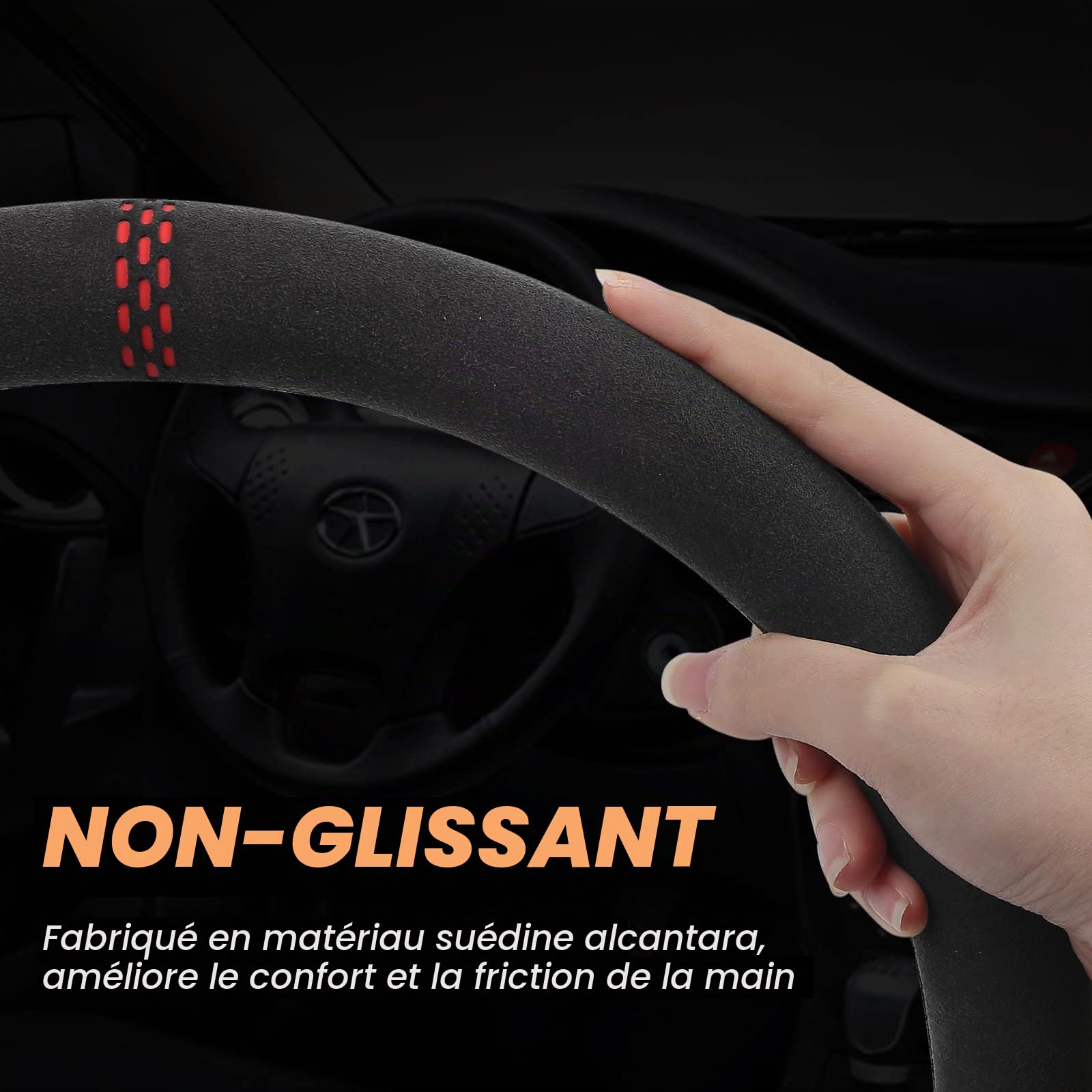 ZATOOTO Couvre Volant Voiture, Housses de Volant en Cuir Suédé Fin avec Toucher Doux, Antidérapant et Sport, Taille Universelle 37-38cm / 14,5-15in (Noir)