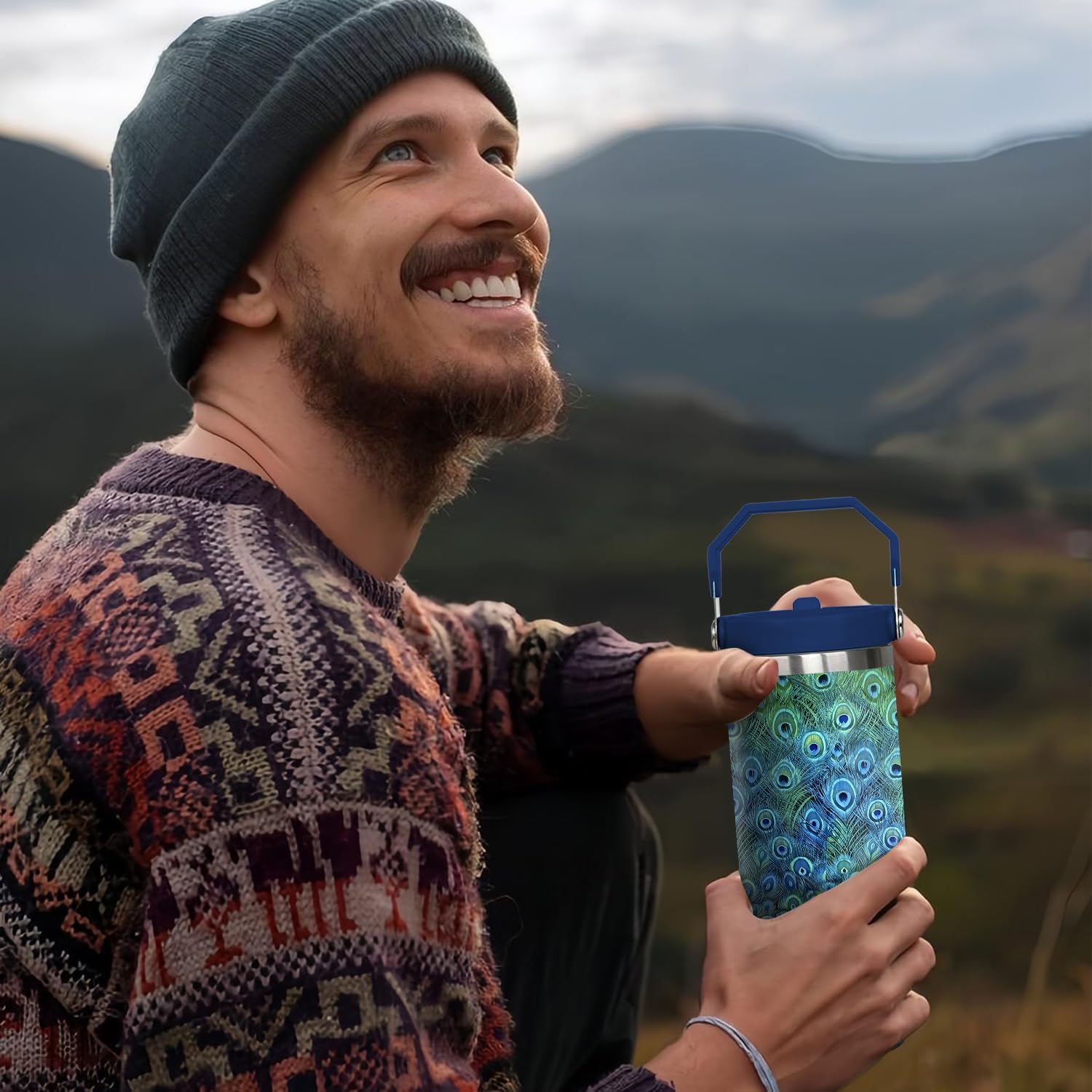 30 oz Peacock Tumbler with Handle and Flip Straw, Colorful Bird Coffee Mug Water Bottle Stainless Steel Cup, Valentines Birthday Gifts for Animal Lovers - Image 7