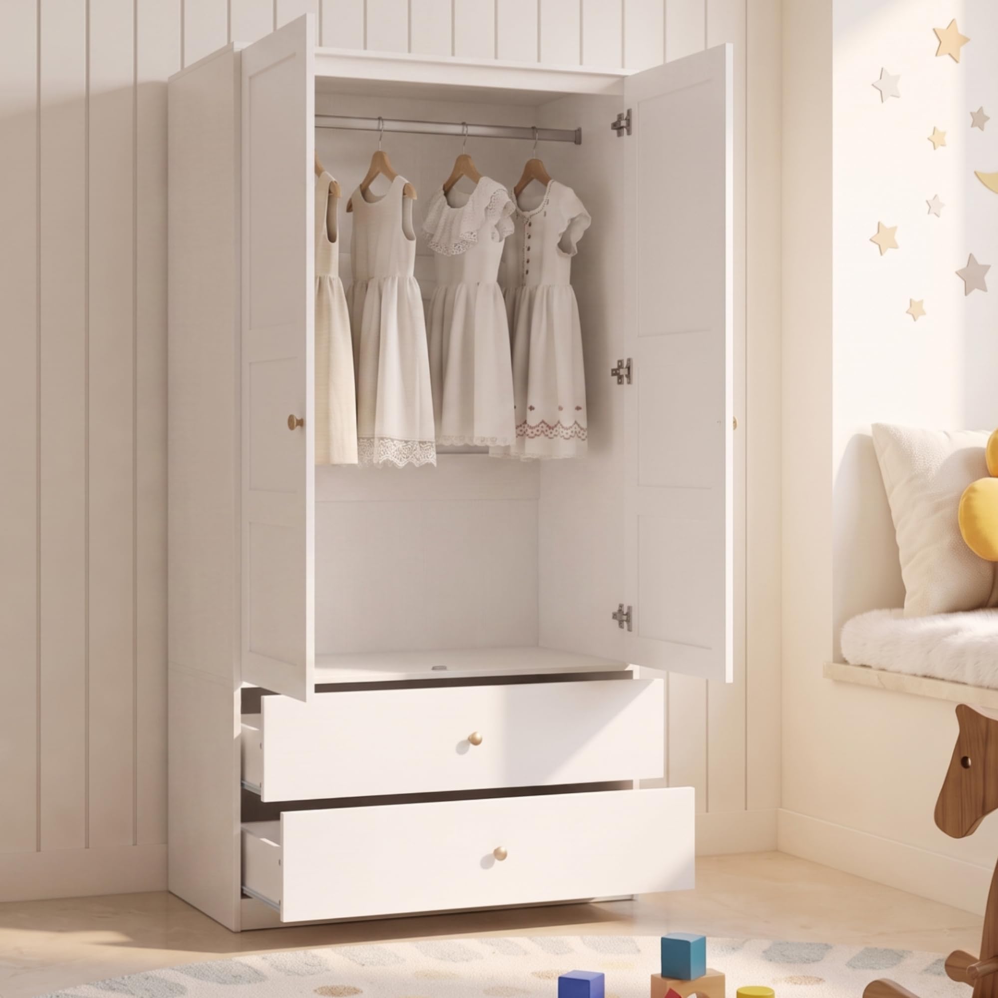 Kebnor Armario de 2 puertas con 2 cajones y barra para colgar ropa, muebles de dormitorio, armario con barra para colgar, 100 x 48 x 180 cm, color blanco