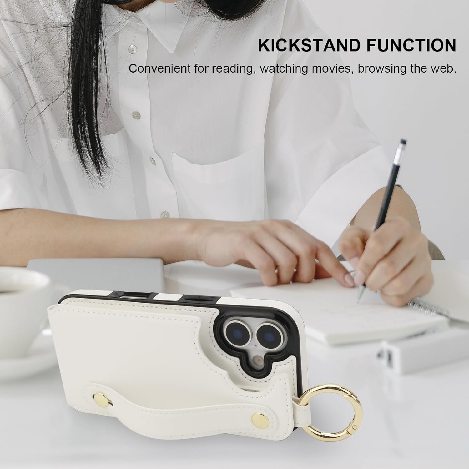 Folosu Wallet Case with Card Holder for iPhone 17, Hand Wrist Strap Loop Holder Kickstand, RFID Blocking Finger Grip Ring PU Leather Double Buttons Shockproof Cover 6.3" White
