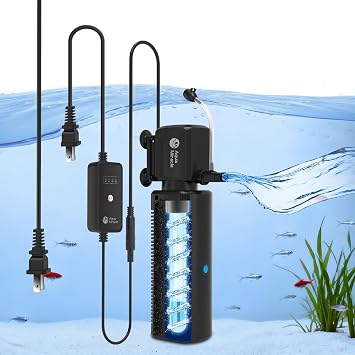AquaMiracle Fish Tank Filter with Timer & Filter Sponge, 130GPH U - V Aquarium Filter with Aeration & Rainfall Modes, Effective Turtle Filter for Green Water Control 10-30 Gal Tank