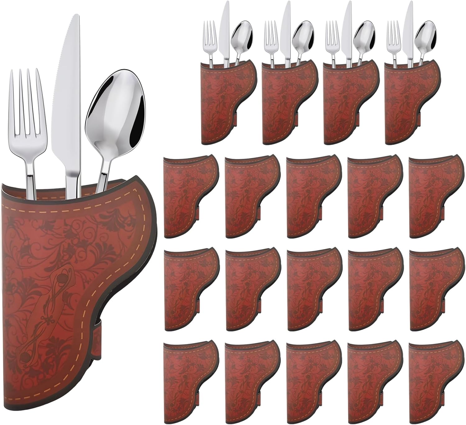 60 PCS Cowboy Holster Silverware Holders, Paper Silverware Holders Vintage Utensil Pouch Bags Western Party Tableware Supplies Cutlery Sleeve, Brown