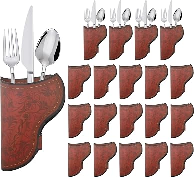 40 PCS Cowboy Holster Silverware Holders, Paper Silverware Holders Vintage Utensil Pouch Bags Western Party Tableware Supplies Cutlery Sleeve, Brown