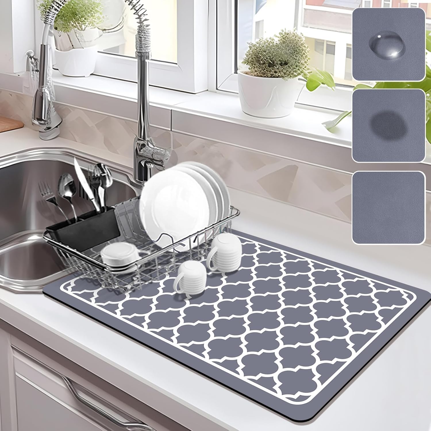 Draining Mat for Kitchen Counter, Super Absorbent Dish Drying Mat Hide Stain Quick Drying Dish Draining Mat, Easy Clean Coffee Mat for Countertops (Misty Grey, 40x50cm) โ image 1