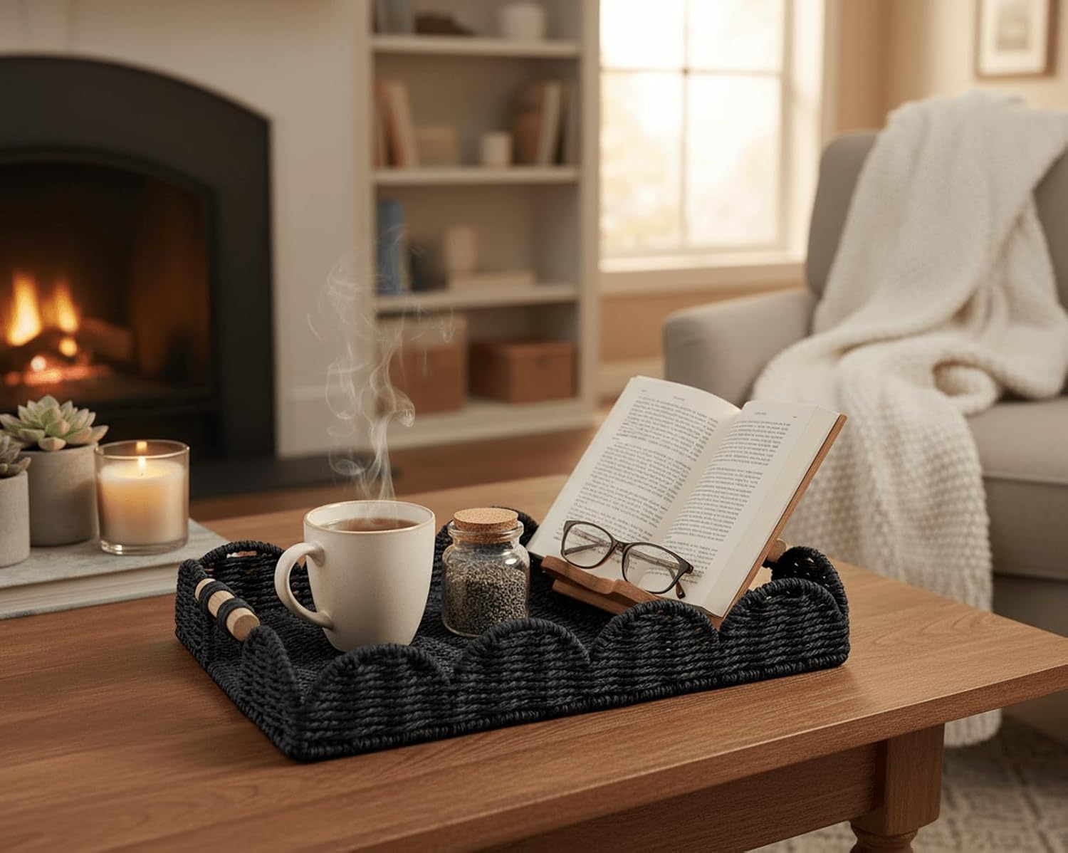 CubesLand Rectangular Scalloped Decorative Centerpiece Tray for Coffee Table, Home Decor, Living Room - Black Tray w/Wooden Handle – Warm and Elegant for Holidays, Housewarmings - Candle Plate Holder