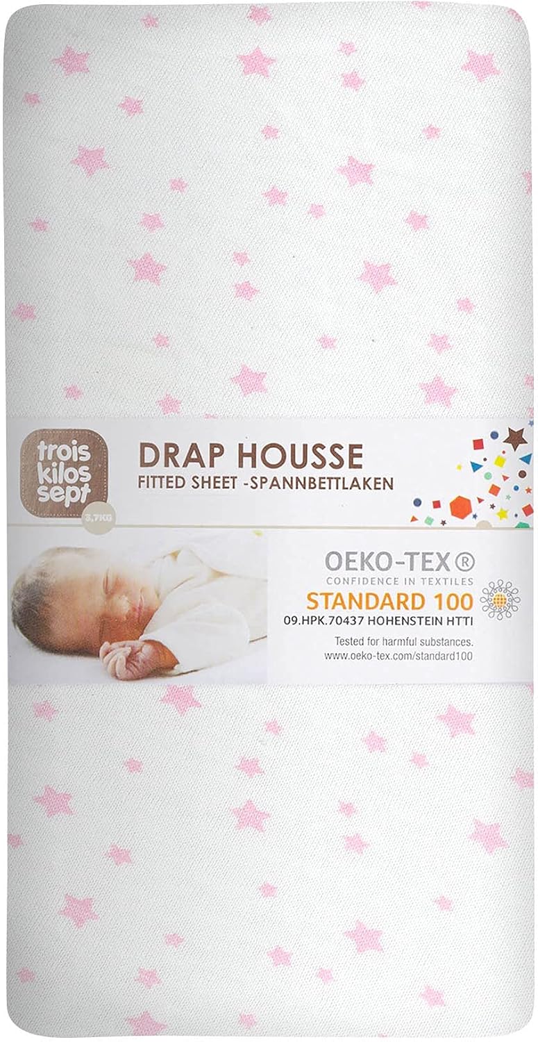 Baby Fitted Sheet 70 x 140 cm 100% Cotton Oeko-Tex Label Stretchy Jersey Pink Stars