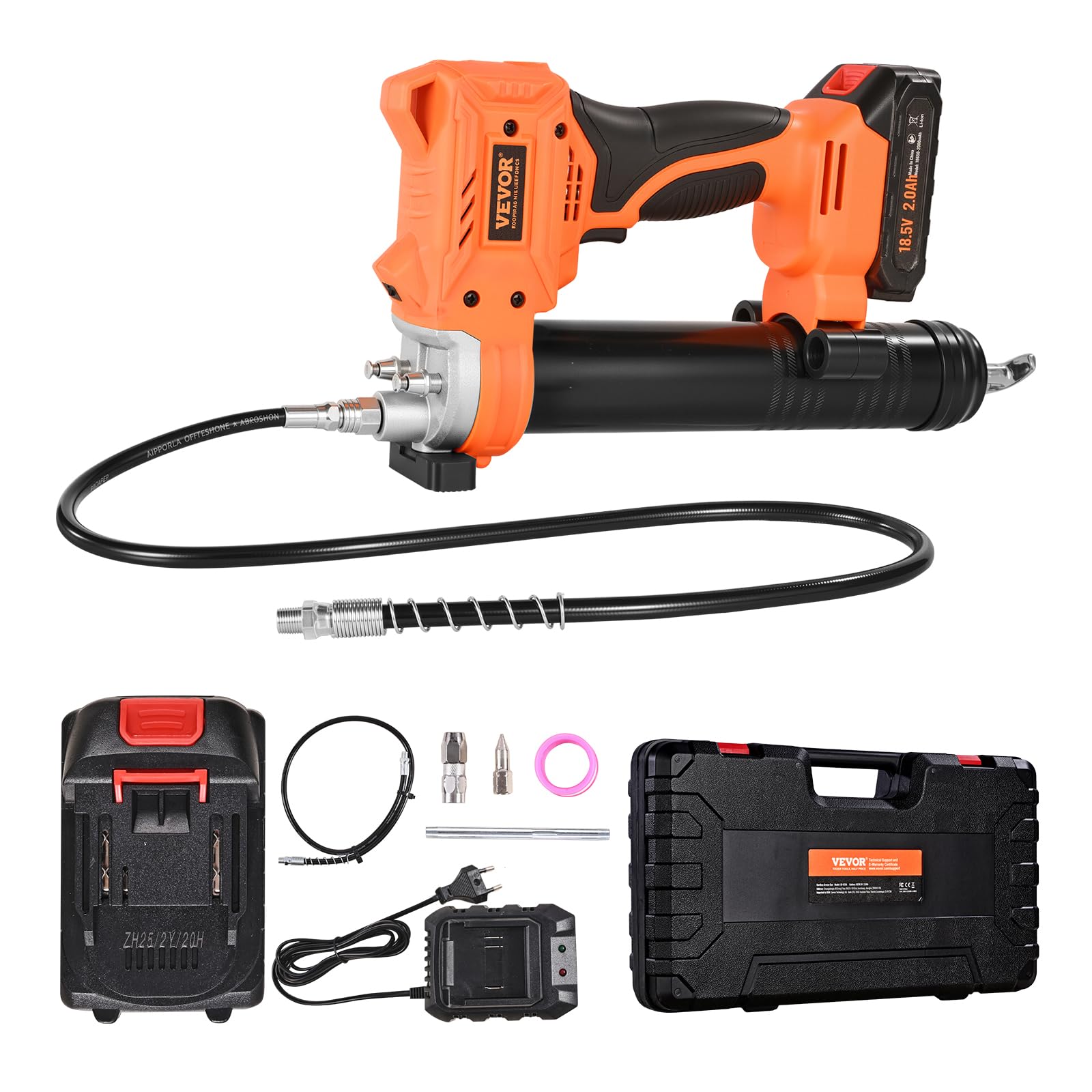 VEVOR Ingrassatore a Batteria Senza Fili, Pressione Massima 55 MPa Ingrassatore Elettrica, Batteria 2,0 Ah e Luce LED, Custodia per Trasporto, Grilletti a velocità Variabile, Ingrassaggio di Macchine