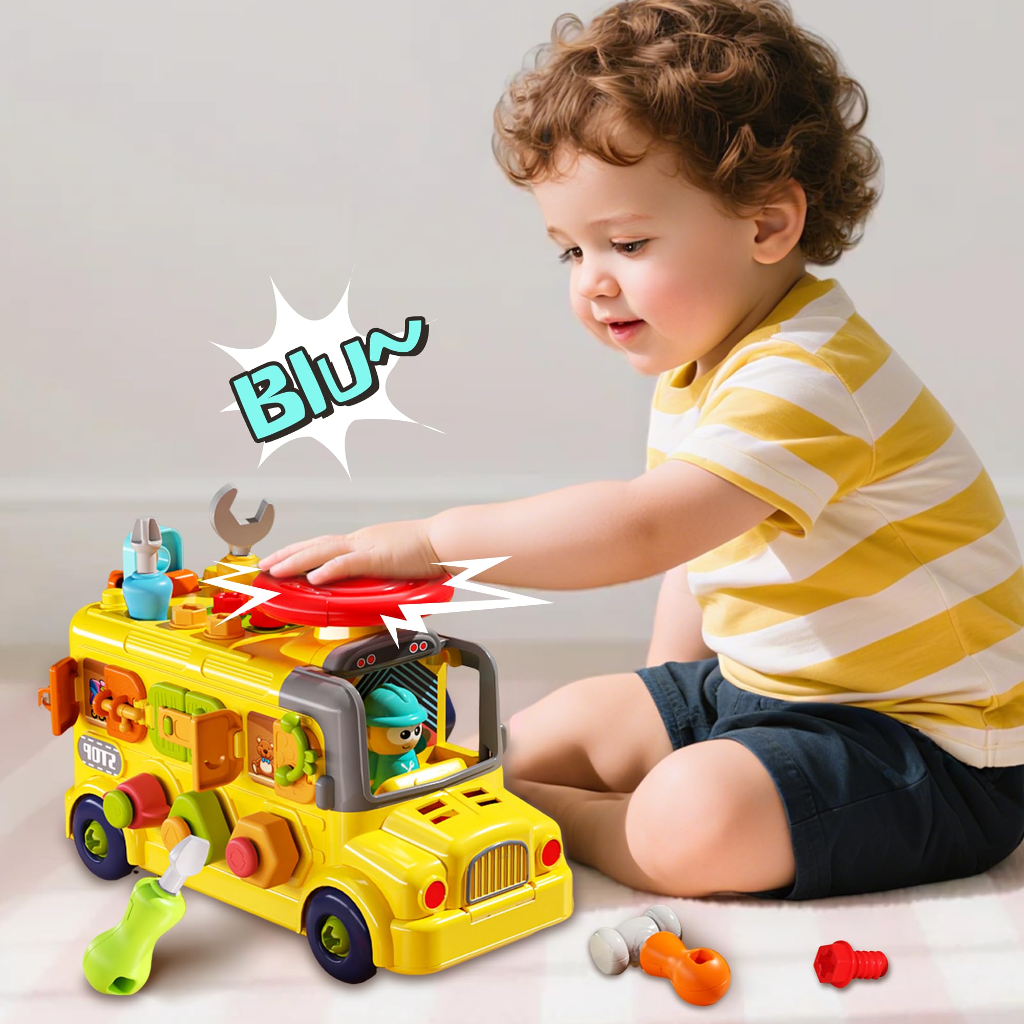 Juguete de autobús ocupado para niños pequeños, autobús escolar con herramientas, volante y engranajes, camión Push Go Assemble, juguete Montessori de aprendizaje STEM de motor fino 7