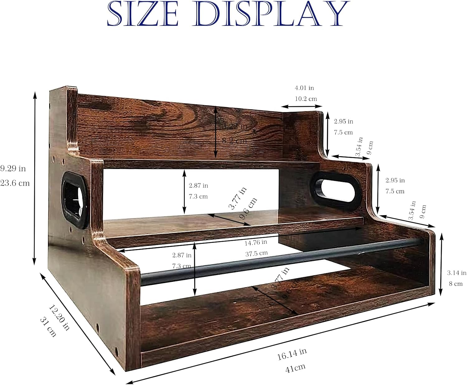 3 Tier Wooden Display Stand Risers, Perfume Organizer Shelf with Handle Countertop Spice Rack Brown