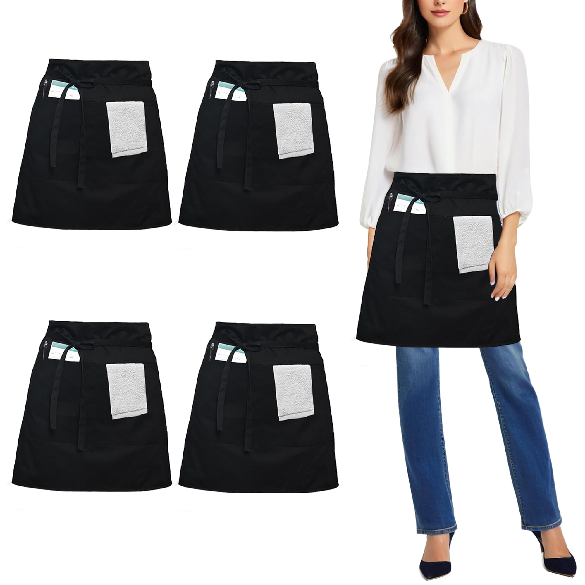 Tablier De Cuisine Court Unisexe BOOMTOP - Lot De 2, Polyester-coton, Poches, Noir, 64x39,5 Cm