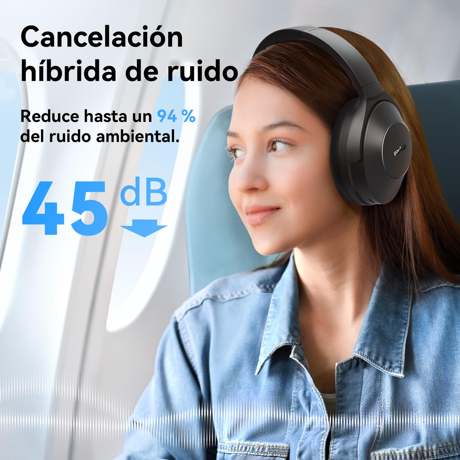 EarFun Wave Life Auriculares Inalambricos Diadema con Cancelación Híbrida de Ruido, Bluetooth 5.4, 4 Micrófonos con IA, Graves Profundos, 60 h de Reproducción, EQ Personalizable y Conexión Multipunto
