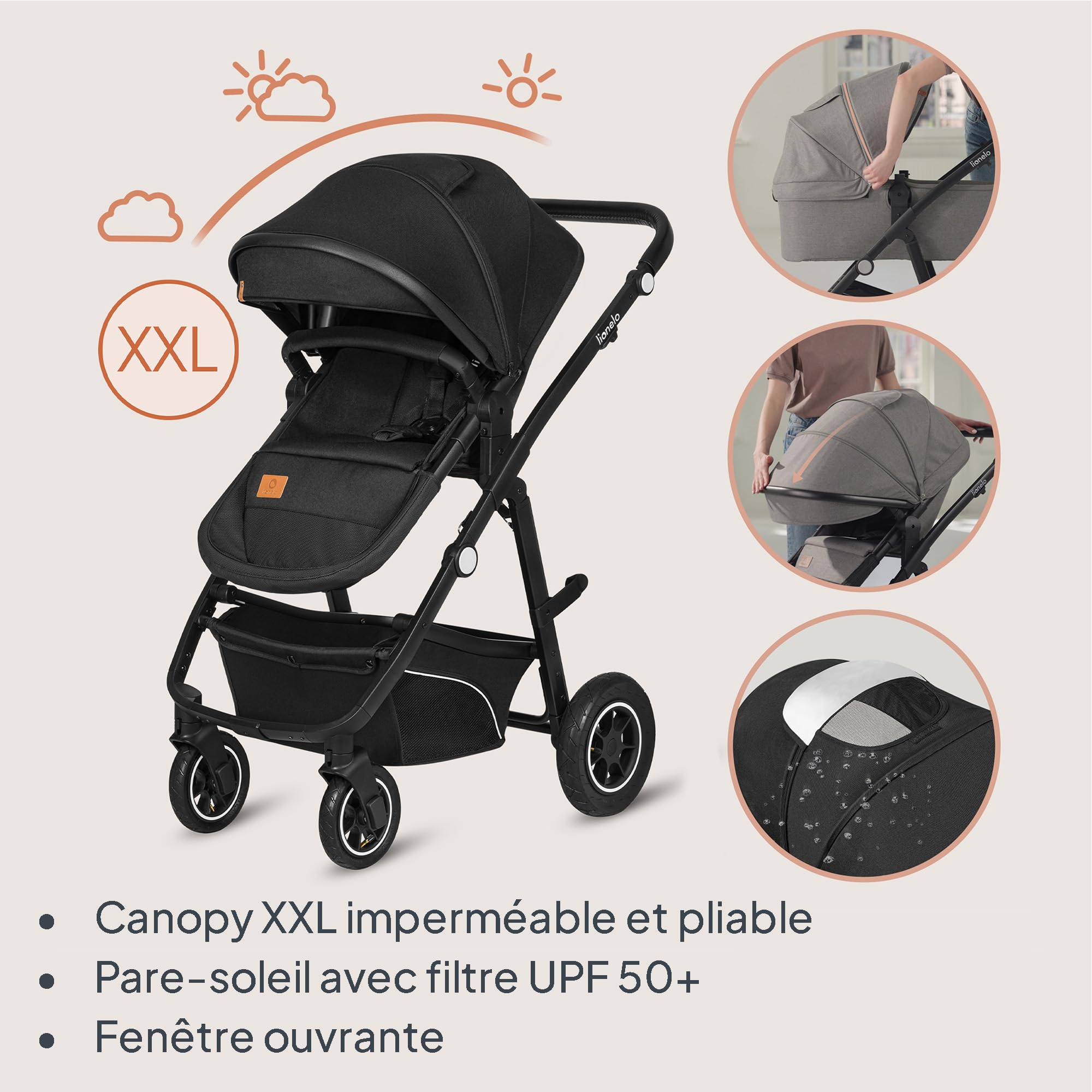 LIONELO BIANKA Poussette 3 en 1 max 22 kg Système de Voyage Pliable Roues 360° Trio
