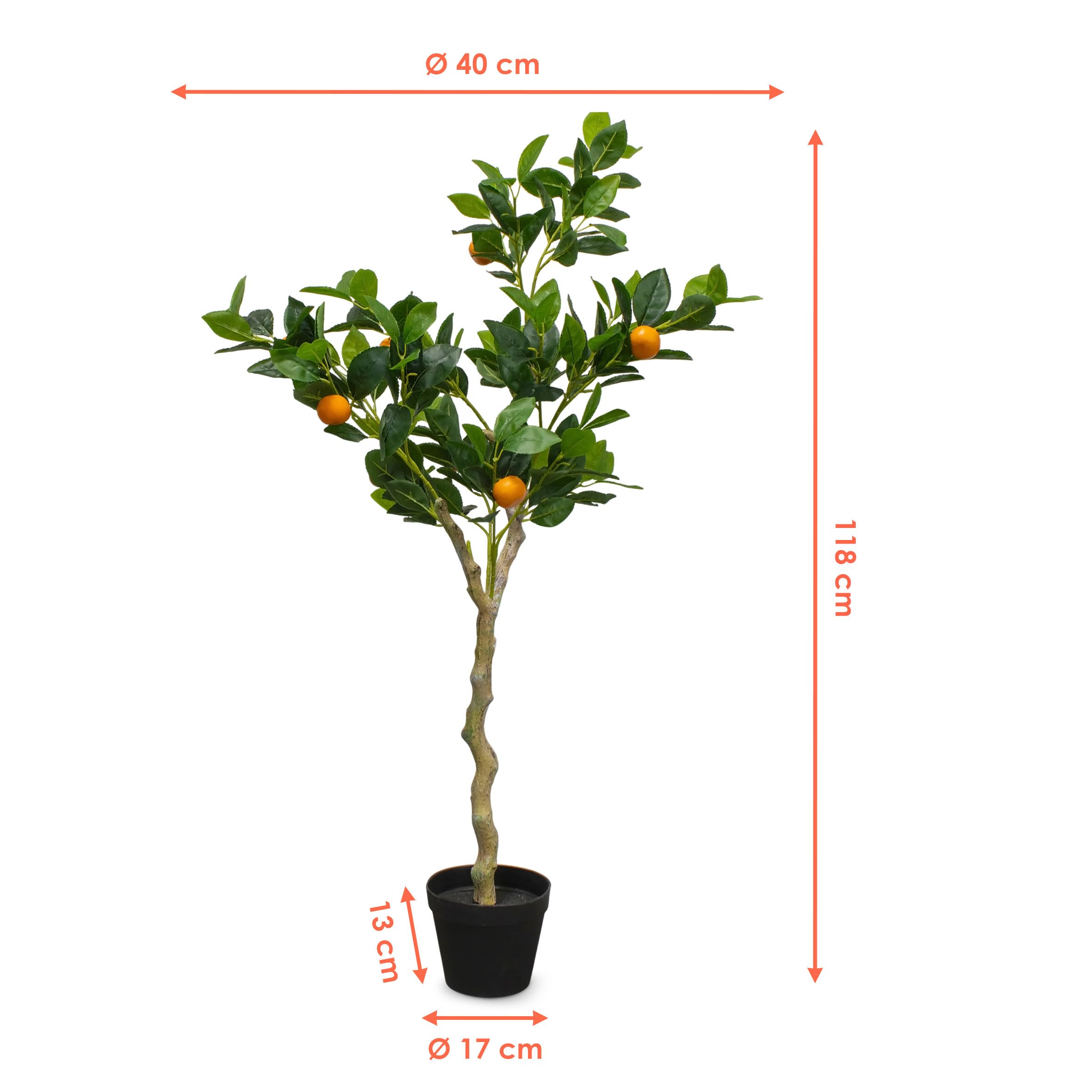 Árbol de naranja artificial en maceta negra - 118 x 40 cm - Árbol artificial en maceta con 10 naranjas - Planta artificial naranja en maceta, árbol decorativo, árbol ornamental, árbol artificial