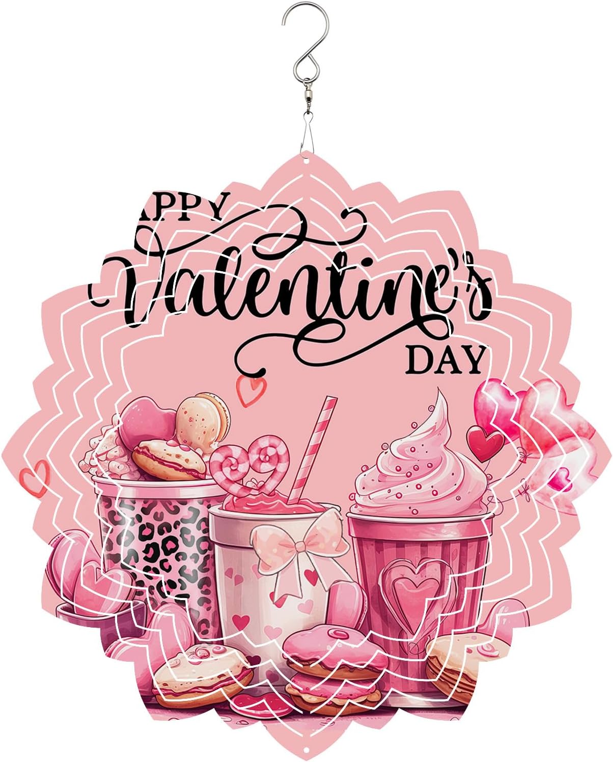 Valentine's Day Pink Wind Spinners for Yard and Garden, Metal Wind Spinner Hanging for Outdoor Indoor, Coffee Latte Desserts Love Porch Wind Sculptures Spring Summer Ornament Spinner 10''(Round)