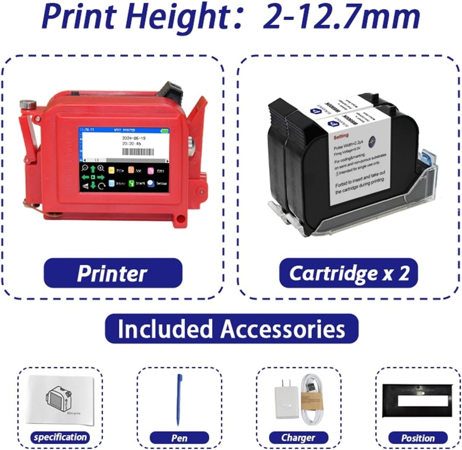 12.7mm Mini Portable Handheld Inkjet Printer for QR Barcode Text Image Logo Expire Date Label(with Black Ink*2,EU)