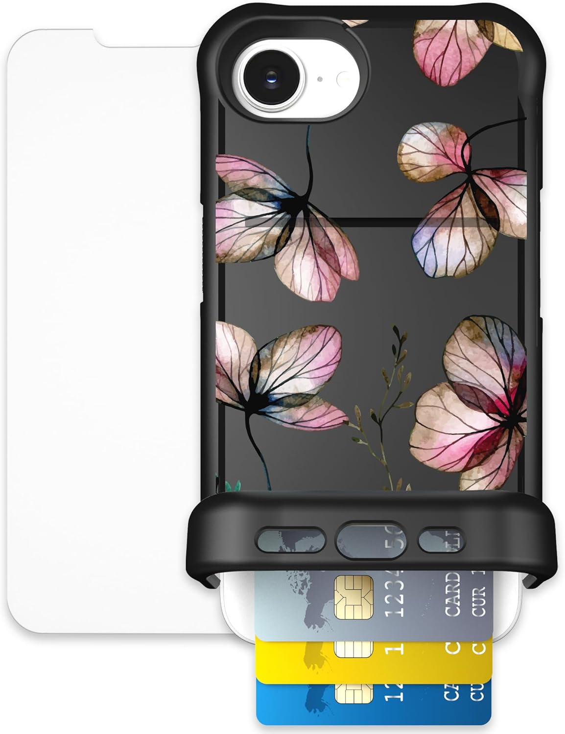 Scooch for iPhone 16e Case with Card Holder, Wingmate Wallet Case with Hidden Card Slot and RFID Protection for up to 4 Cards, 10-Foot Drop Protection, Screen Protector Bundle, Dried Flowers