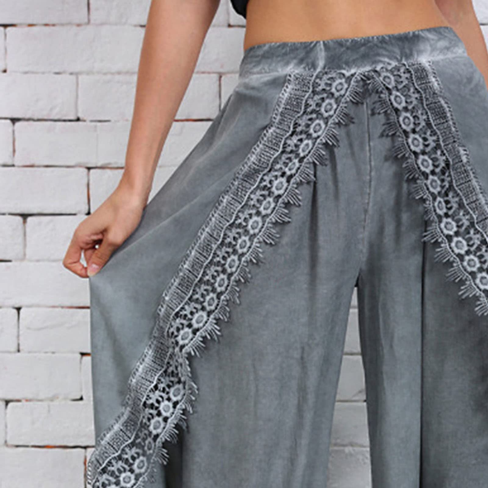 Women's Lace Slit Wide Leg Pants Casual Workout Baggy Yoga Cover Up Pants High Waist Dance Cropped Trousers (Grey,Small)