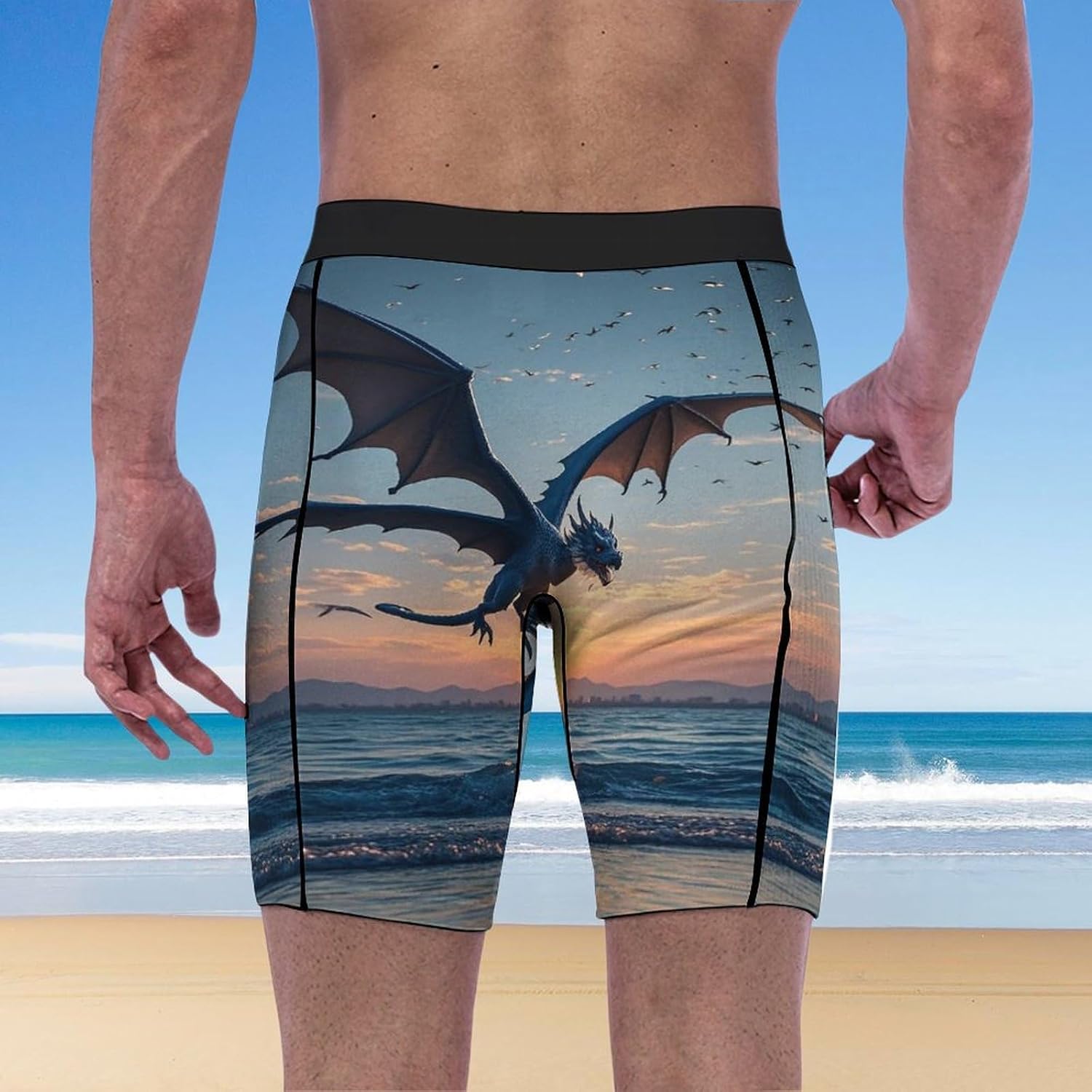 Sea Sunset Flying Dragon Compression Shorts Men Spandex Sport Shorts Workout Performance Baselayer Underwear
