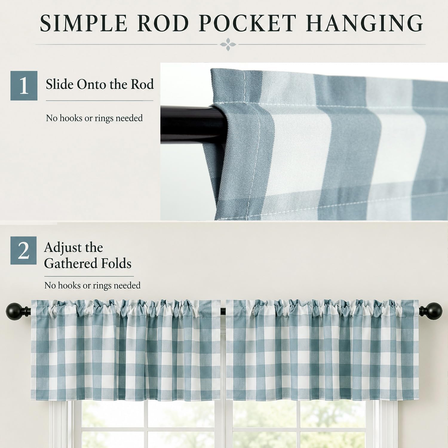 VOGOL Buffalo Check Pattern Curtain Valance, 52 x 18, 2 Panels, Blue image 5