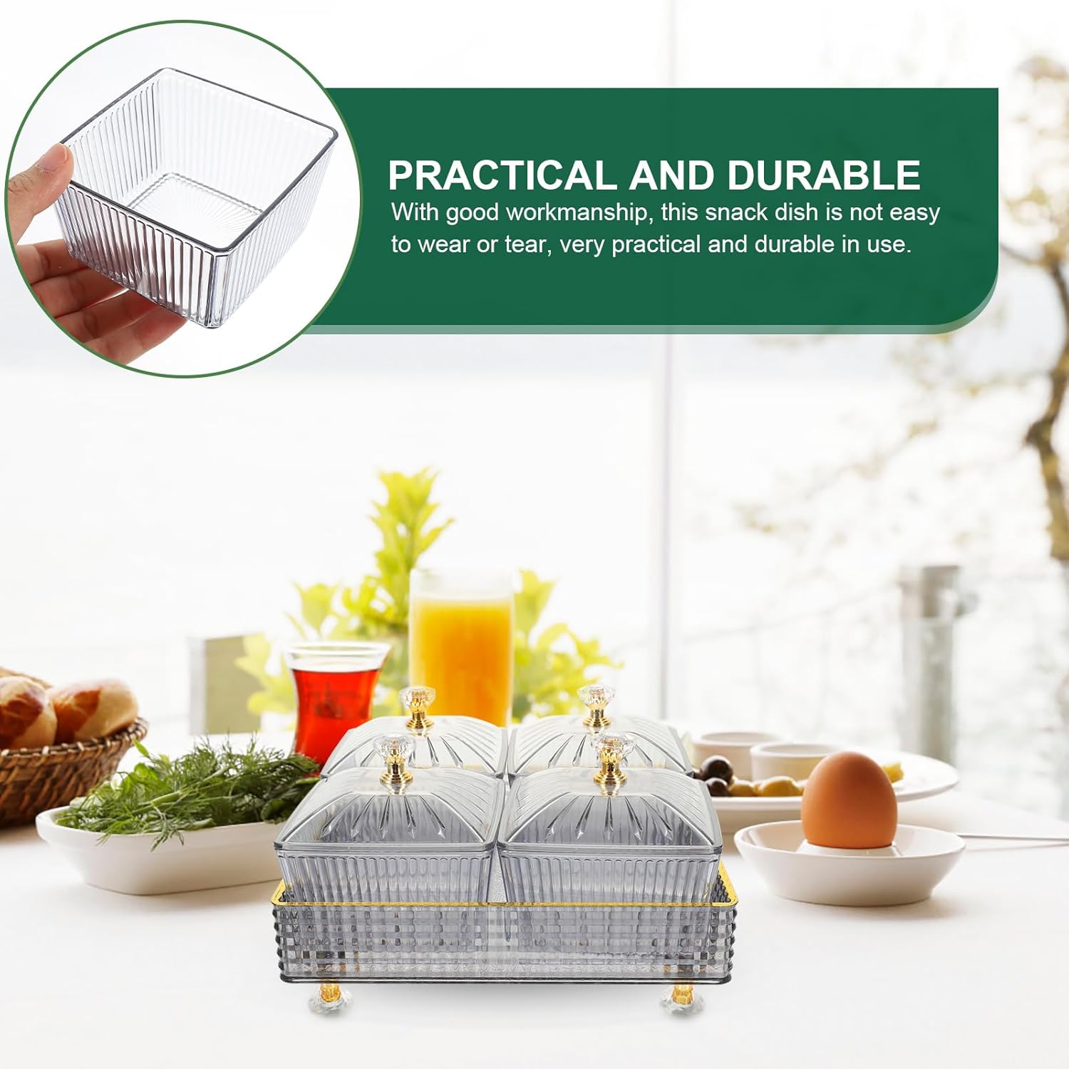 Cabilock Snack Platter with Lid Divided Dry Fruit Tray for Serving Nuts Fruits and Appetizers Multipurpose Serving Dish for Parties and Entertaining 7.28X7.28X4.33 Inch