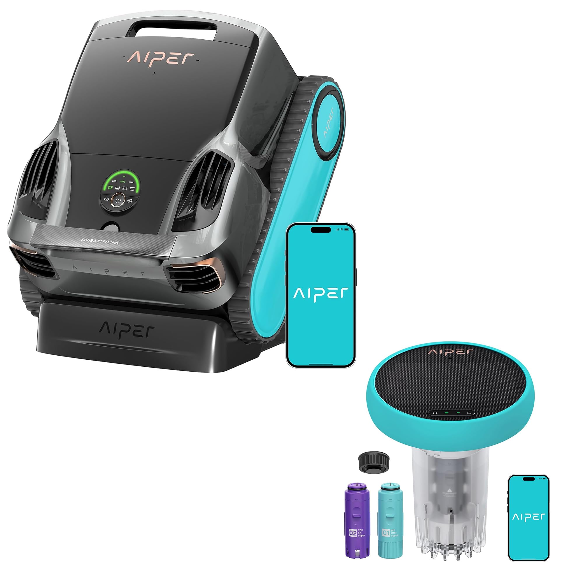 Aiper Scuba X1 Pro Max Pool Vacuum Robot & Skimmer with HydroComm Pro Smart Pool Monitor, 8,500 GPH Suction, Ultra-Fine Filtration, Real-Time Water Monitoring & Underwater WiFi Connection, Blue