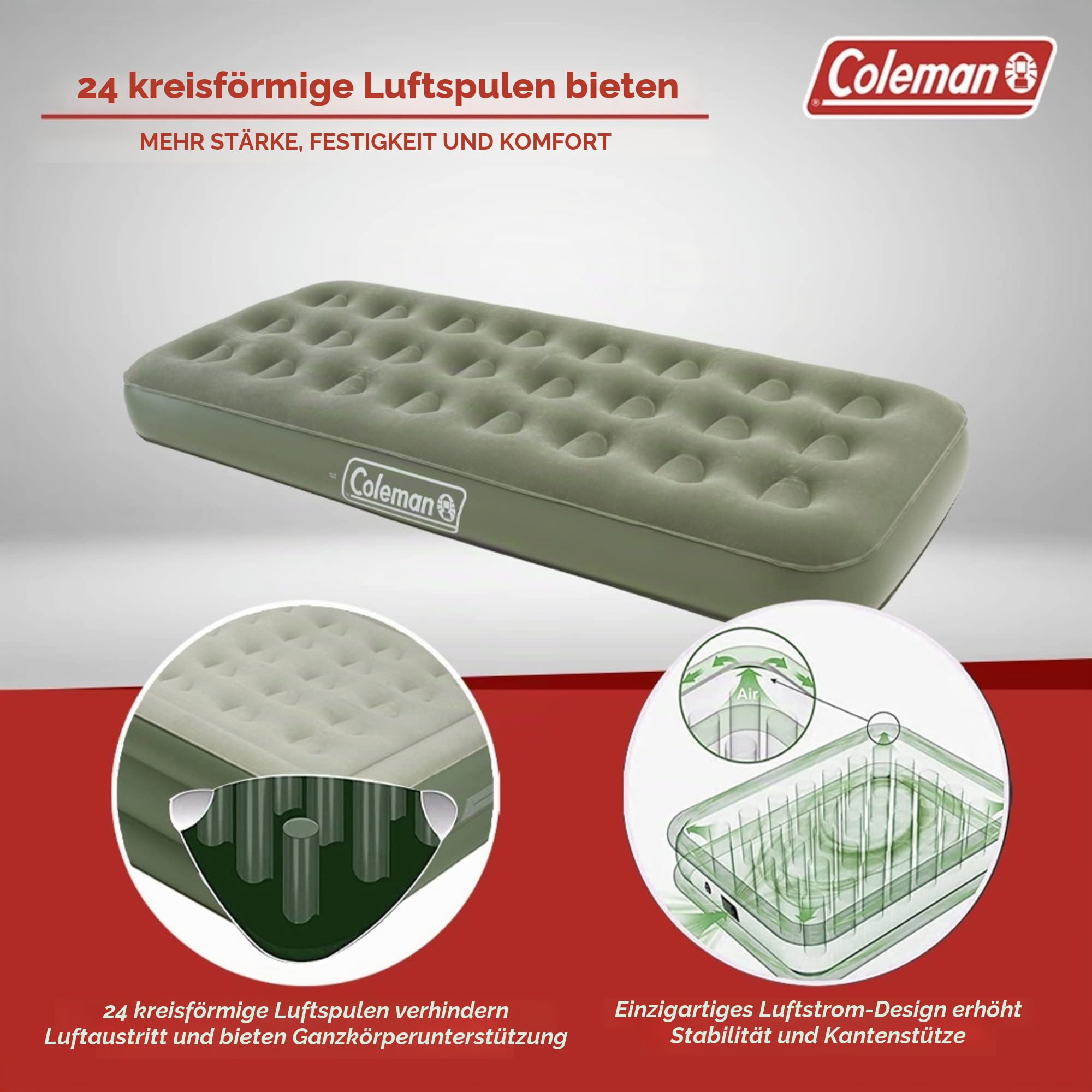 Coleman Luftbett Comfort Bed Single, Indoor/Outdoor Luftmatratze 1 Person, Velours Gästebett, Komfort Einzelbett, Campingbett für Wandern, Trekking, Festivals, 188 x 85 x 22 cm, max. 148 kg