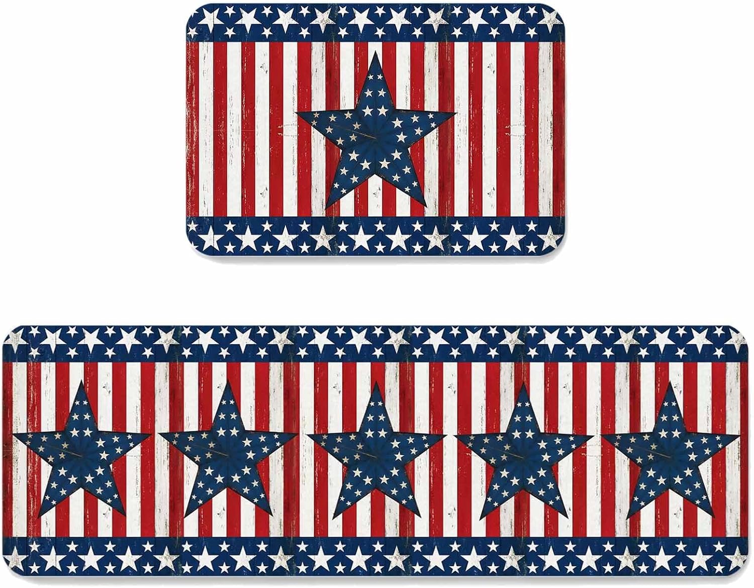 Prime Leader 4th of July Independence Day Kitchen Mat Set 2 Pieces Blue Star Red Striped Mottled Non Slip Kitchen Rugs Washable Runner Rug Mats for Sink Laundry (19.7" x 31.5"+19.7" x 63")