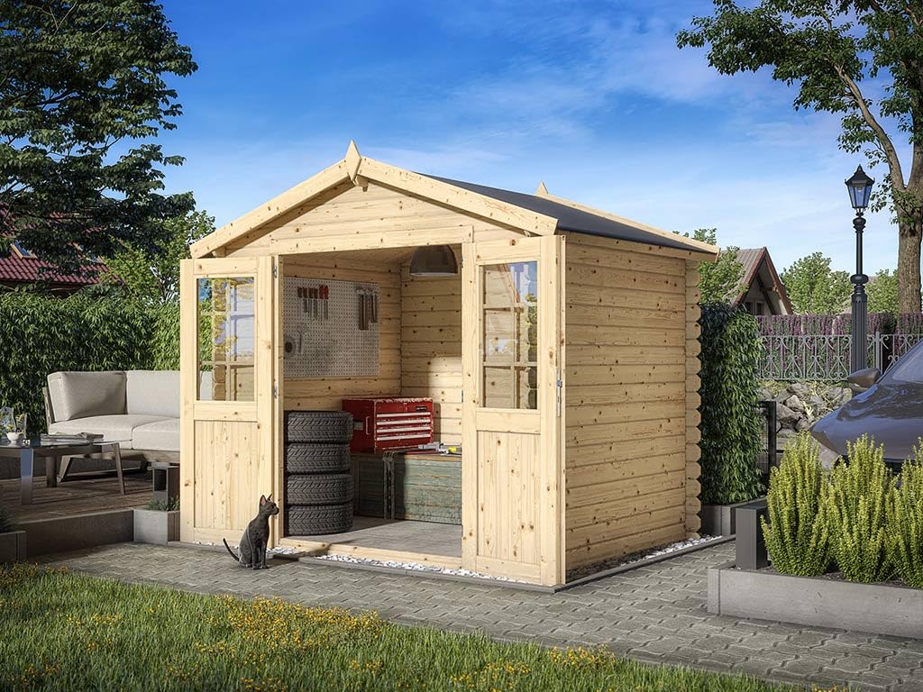 Gartenhaus | Gerätehaus | Holz Blockbohlenhaus CA2870 | Wandstärke: 28 mm | naturbelassenes Holz | BTH 260 x 198 x 225 cm | Doppelflügeltür | Satteldach