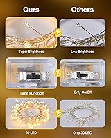 Vista 7 de Guirnalda de luces a pilas - Paquete de 4 guirnaldas parpadeantes impermeables con cable plateado de 5 pies y 60 LED, para coronas, bodas, Blanco