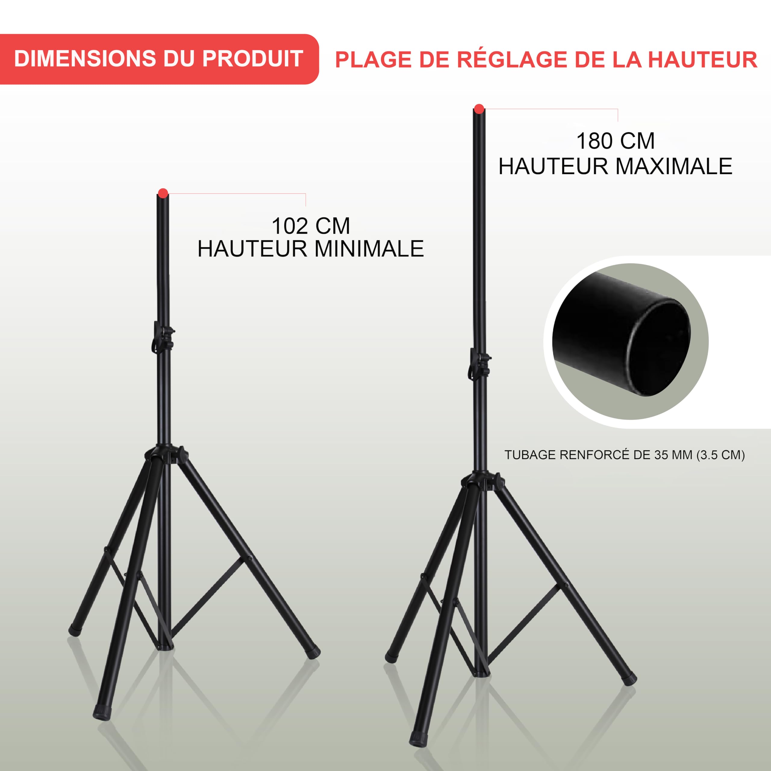 Pyle Pied d’Enceinte, Support Haut-Parleur universelle, Trépied robuste, Support d’Enceinte Pliable avec hauteur réglable de 100 à 180 cm, Insert 35 mm, Charge 60 kg, Noir