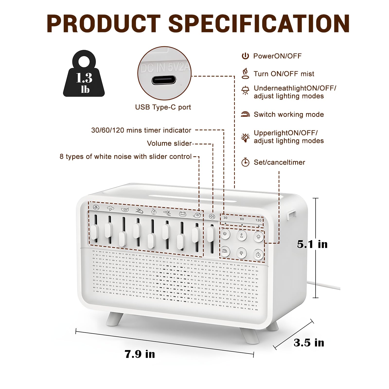 4 in 1 White Noise Machine, Bianco Rumore Umidificatore con 8 suoni naturali, Sleep Sound Box con altoparlante Bluetooth e 3 timer, diffusore di aromi per bambini, adulti, camera da letto