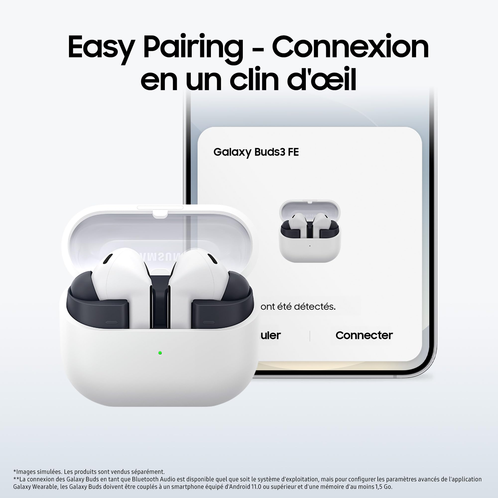 Samsung Galaxy Buds3 FE, Écouteurs sans Fil, Bluetooth, Réduction Active de Bruit, Audio 360, Gemini, Chargeur Secteur Rapide 25W Inclus, Noir, Version FR