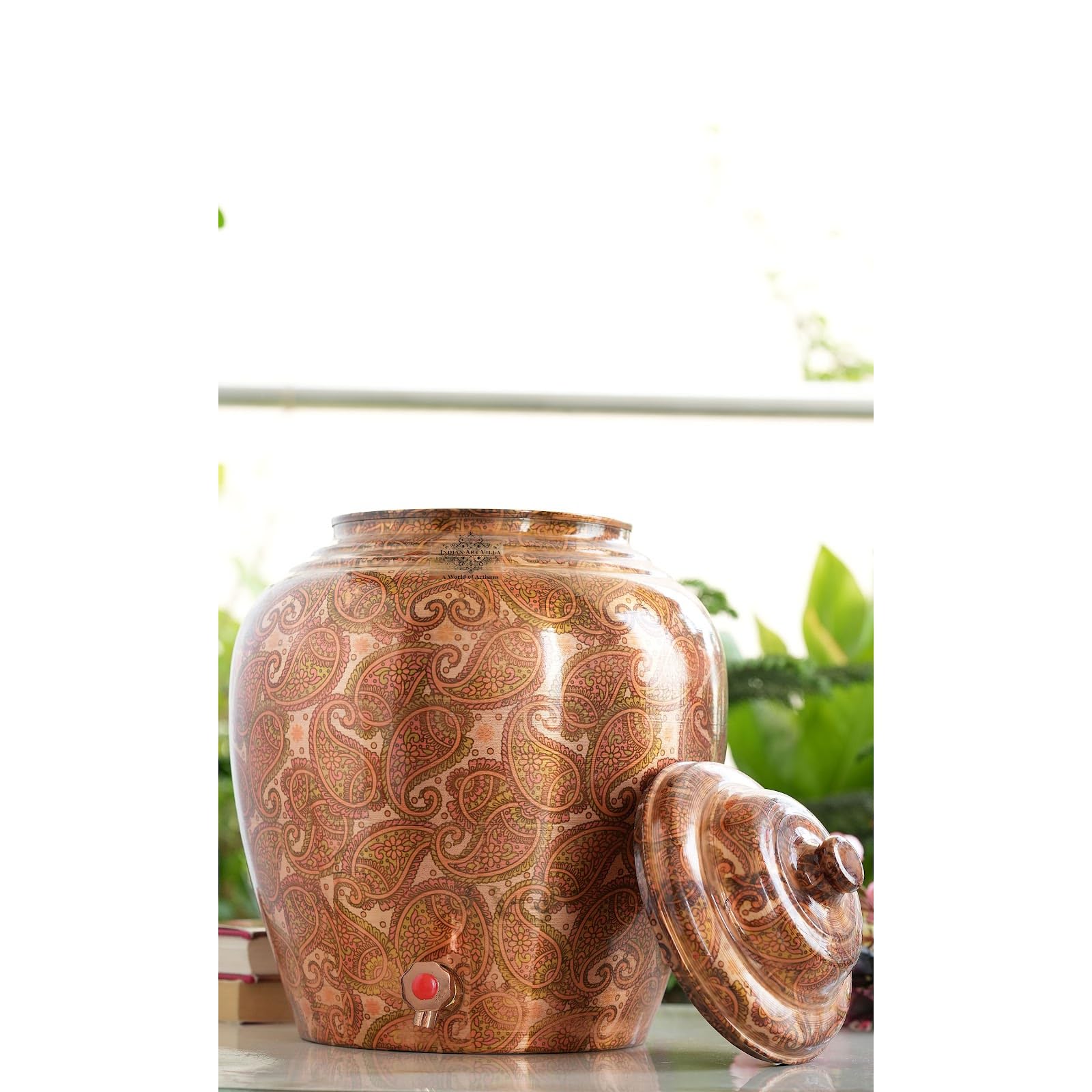 Indian Art Villa Pink Paisley Design Pure Copper Water Dispenser Pot With Tab And Leak Proof Lid, Water Storage, Drinkware & Serveware, Volume- 440 Oz
